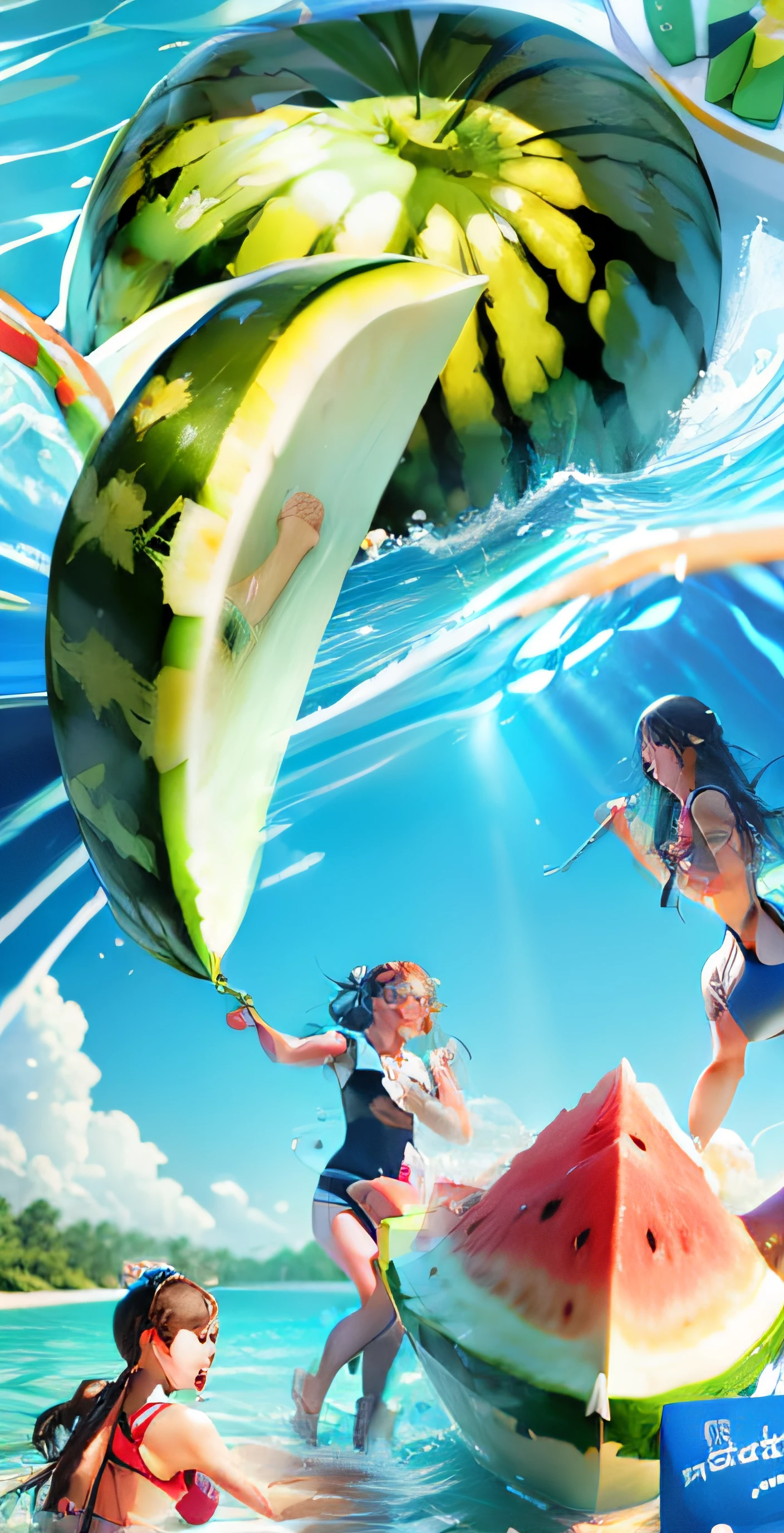 Summer parties,((tmasterpiece)),youthfulness,(32K),(Summer activities),Cut watermelon in the lower right corner,(Watermelon water is the main body of the picture),Watermelon water surfing,rowing,eats,(((Super high detail))),(Watermelon red heart),