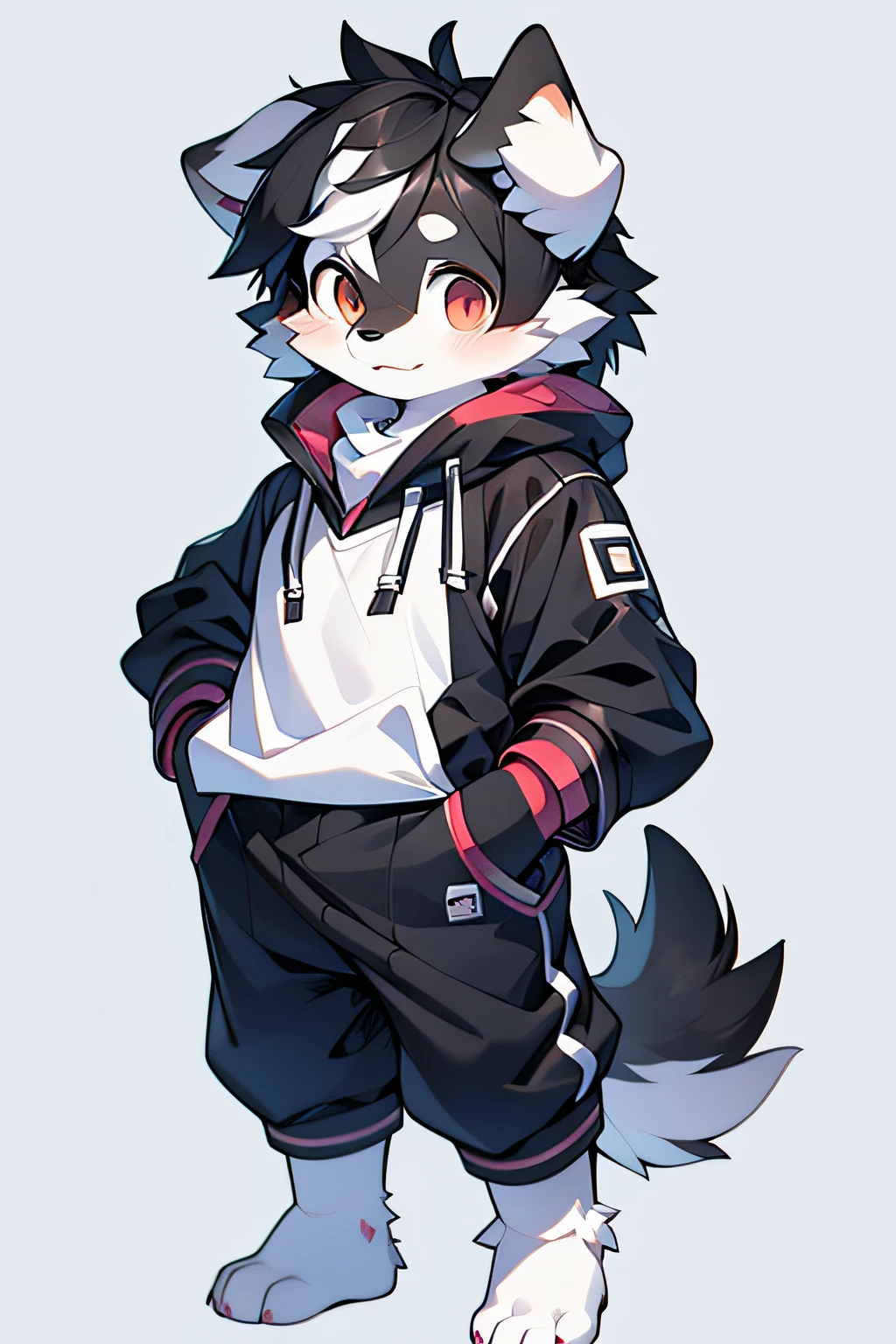 Furry Bernese Mountain Dog Forelimb Leg Leg Standing Shota  Boy Overall White Head, Arms, Body and Legs with Bluish Black Pattern All Over Body with Pink Meat Pads, Eyes and Pupils Blue, Furry, No Clothing, Two Ears