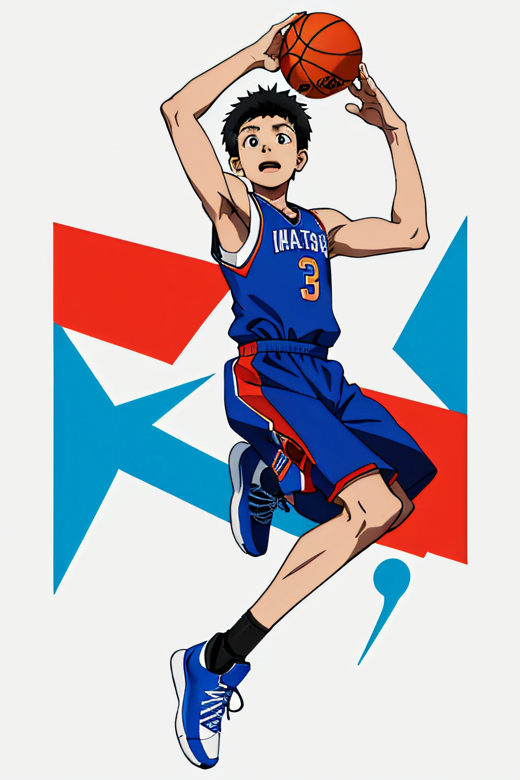 Nine-year-old boy，Arafard basketball player jumps up and hits the ball with his hand, scence of slam dunk, basketball, Playing basketball, Slam Dunk, Dunking, mid air shot, hd illustration, air shot, Simple illustration, ultra - high jump, mid-air, flying shot, wearing basketball jersey, wearing a volleyball jersey, clip art, svg illustration, made with illustrator
