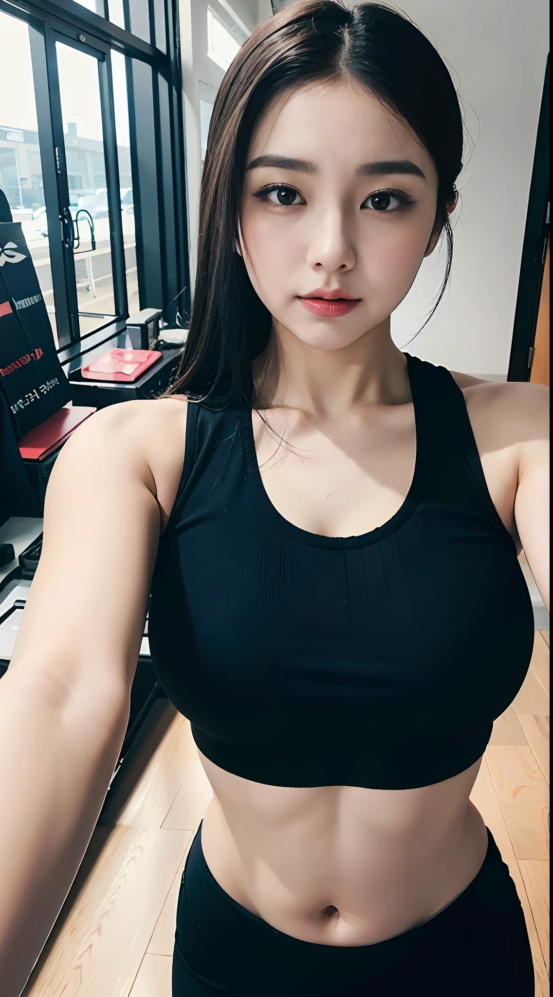 Woman taking selfie with smartphone at gym, wearing a black cropped tank top, wearing a cropped black tank top, tight black tanktop, 2 4 year old female model, with ripped crop t - shirt, Photo of a slightly chubby girl, Black top, Photo of a slightly chubby girl model,(Slightly fat)