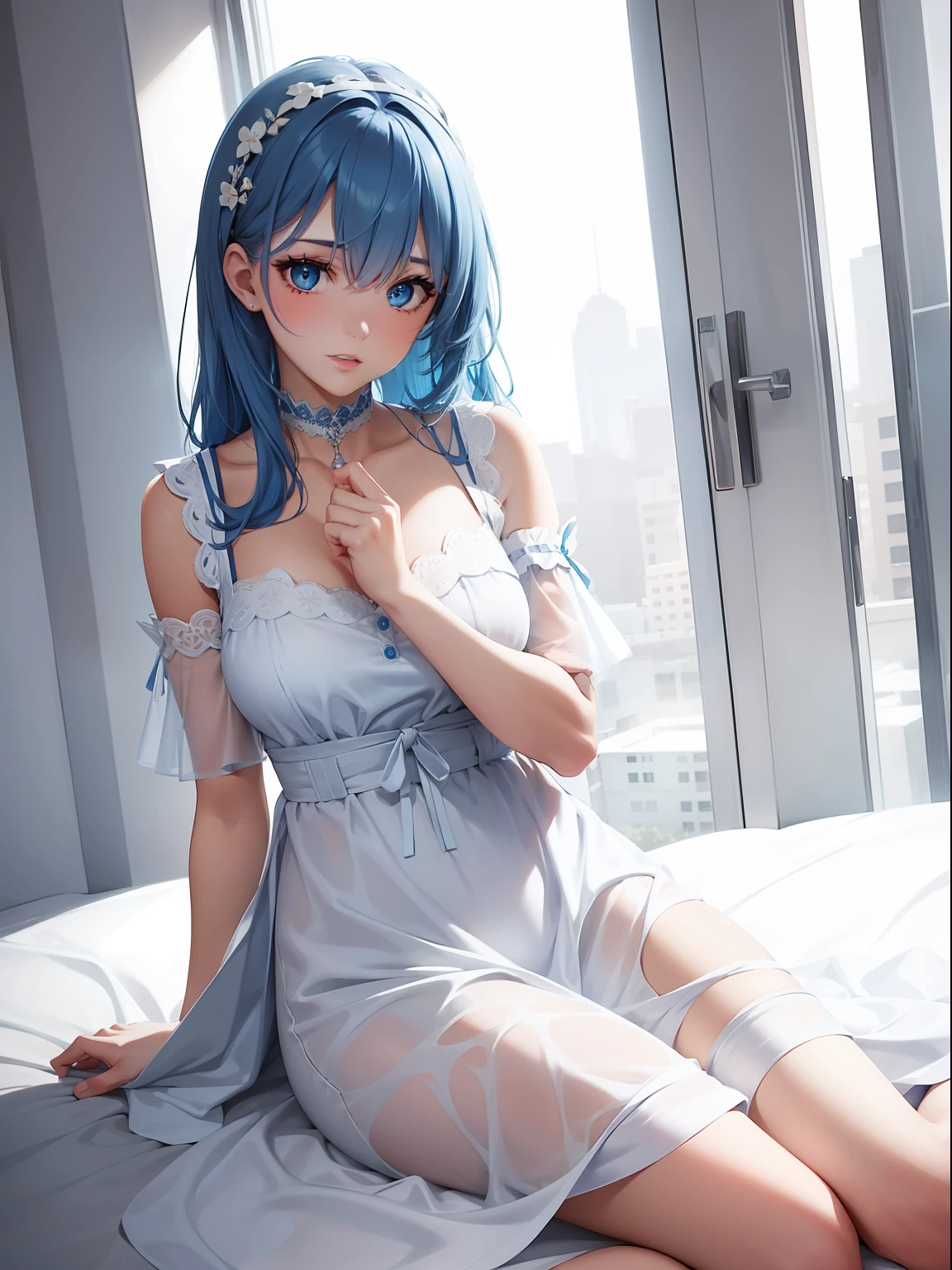 a women, blue hair, blue eyes, white dress