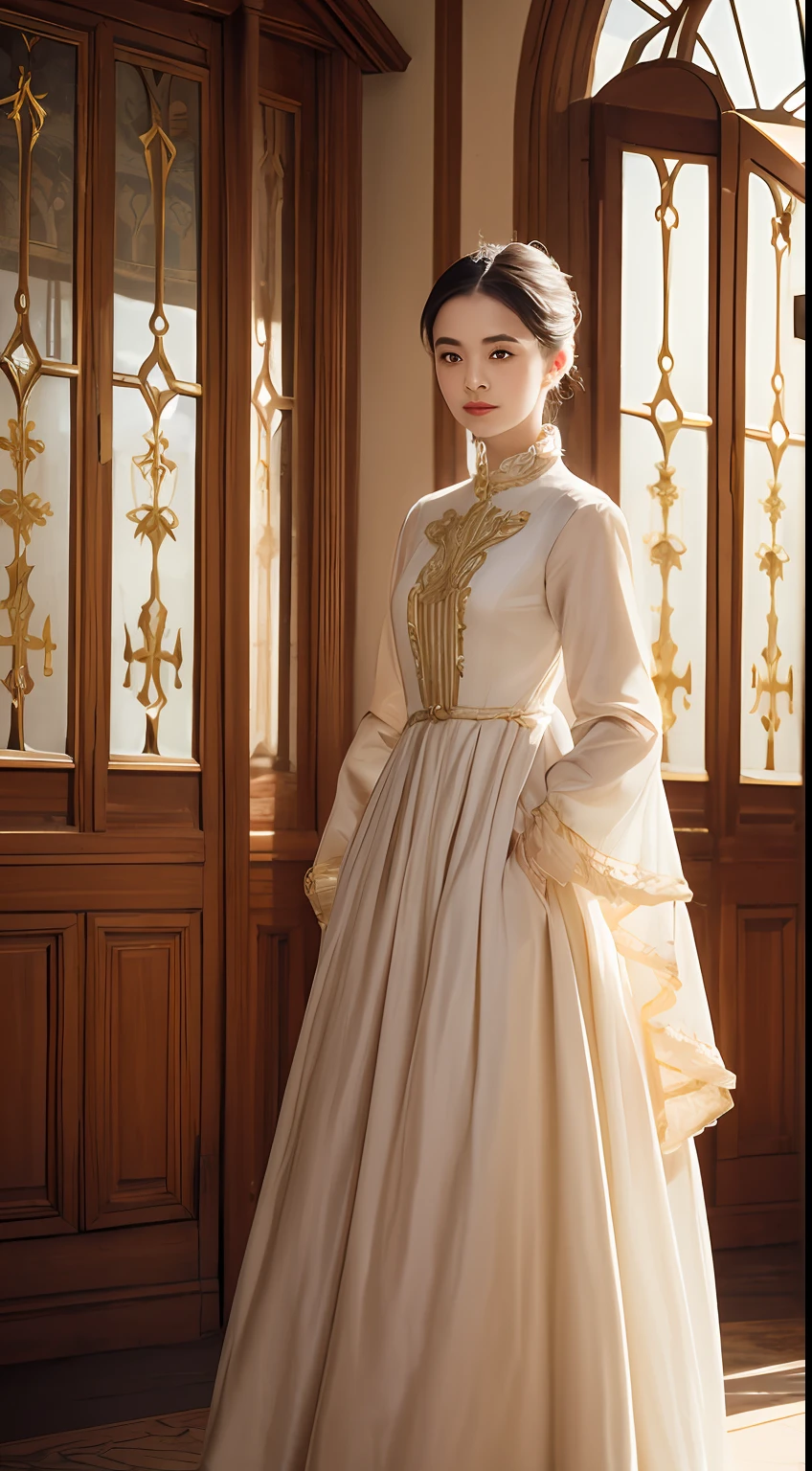 Antique bandeau dress, literary and artistic, beautiful, elegant, slender eyebrows, clear eyes, rosy lips, soft skin, satin long-sleeved blouse with golden edges, antique long-sleeved dress, fuqin posture, waiting posture, palatial palace, azure sky, quiet courtyard