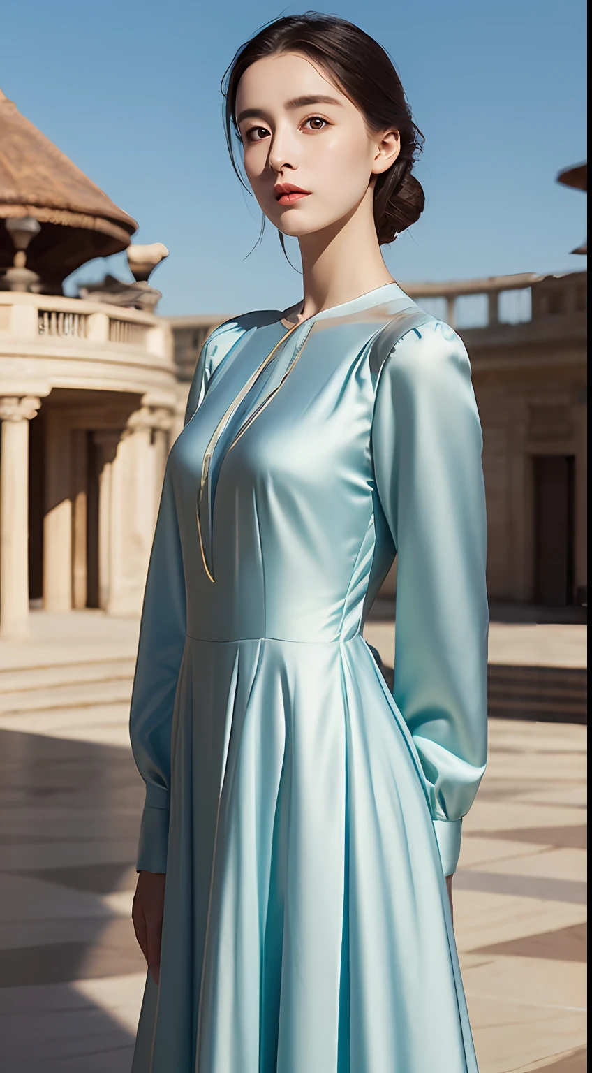 Antique bandeau dress, literary and artistic, beautiful, elegant, slender eyebrows, clear eyes, rosy lips, soft skin, satin long-sleeved blouse with golden edges, antique long-sleeved dress, fuqin posture, waiting posture, palatial palace, azure sky, quiet courtyard