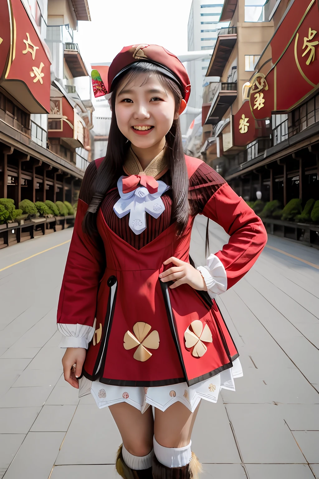 masterpiece, best quality,  hd, realistic, 80mm, 1girl,smile,red hat,pointy ears,backpack,ahoge,dress,long sleeves,ribbed legwear,knee boots,dodoco \(genshin impact\), jumpy dumpty,charm \(object\), simple background, cosplay, Asian young woman