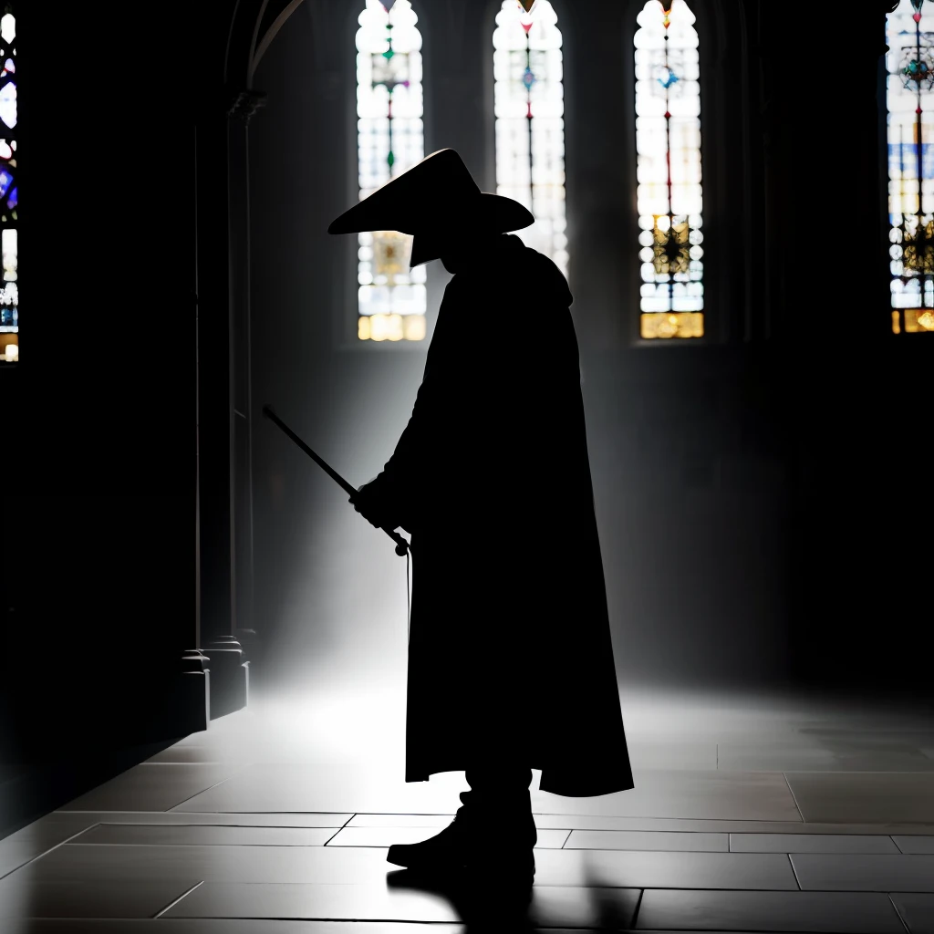 A  plague doctor in an medieval cathedral,   occult, dark theme, volumetric light, natural light, eyes hidden, dark lighting, gloomy