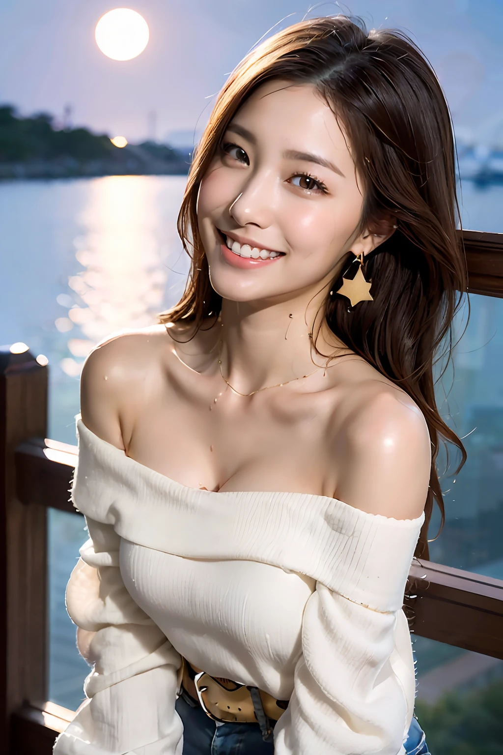 (masterpiece:1.3), high resolution, ultra detailed, extremely detailed CG unity 8k wallpaper, realistic, photo-realistic, RAW photo, beautiful detailed face, pale skin, realistic glistening skin, detailed cloth texture, detailed hair texture, Perfect Style, Beautiful Face, accurate, Anatomically correct, Highly detailed face and skin texture, natural neck length, (wet body, wet hair:1.1),
BREAK
Detailed eyes, symmetric eyes, Brown eyes, Double eyelids, Thin eyebrows, (Sexy Lips:1.3), (happy smile:1.2), (blush:1.2)
BREAK,
((Innocent and Cute girl:1.3)), ((wearing a off-shoulder White blouse:1.4)), (Gold buckle belt), (skinny jeans:1.2), (cross strap high heels:1.2), (necklace, bracelet), (Thin hoop earrings), (pinky ring), (beautiful blue nails:1.2),
Layered Hairstyle, (brown hair:1.2), (wavy hair:1.2), medium long hair, (large breasts, firm breast, nicely shaped breasts:1.1),
BREAK,
((Standing to close:1.4)), ((looking up at viewer:1.2)),
((close-up shot:1.2)), (Focus on face:1.2), (from above:1.2), (in an outdoor stylish beachside terrace), ((A view of The night sky filled with numerous stars and a large full moon shining brightly:1.3)),