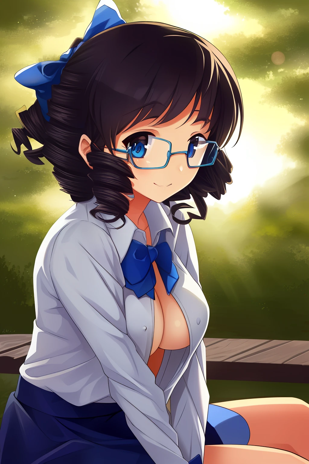 (adolable,hyper-detailing)Glasses girl,solo person,Detail hair,ssmile,sitted,dated,(There are glasses:1.1),(The glasses are clearly visible),(short detailed hair:1.2),(Loose curls),(collared shir:1.1),(Bow knot),(medium boob),(beatiful detailed eyes:1.1),(Slight shyness),(afternoon sunshine),(Light effects),(detailedbackground),((adolable)),((hyper-detailing))
