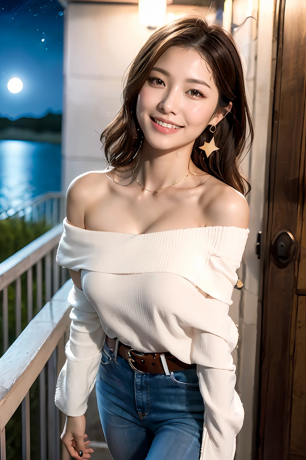 (masterpiece:1.3), high resolution, ultra detailed, extremely detailed CG unity 8k wallpaper, realistic, photo-realistic, RAW photo, beautiful detailed face, pale skin, realistic glistening skin, detailed cloth texture, detailed hair texture, Perfect Style, Beautiful Face, accurate, Anatomically correct, Highly detailed face and skin texture, natural neck length, (wet body, wet hair:1.1),
BREAK
Detailed eyes, symmetric eyes, Brown eyes, Double eyelids, Thin eyebrows, (Sexy Lips:1.3), (happy smile:1.2), (blush:1.2)
BREAK,
((Innocent and Cute girl:1.3)), ((wearing a off-shoulder White blouse:1.4)), (Gold buckle belt), (skinny jeans:1.2), (cross strap high heels:1.2), (necklace, bracelet), (Thin hoop earrings), (pinky ring), (beautiful blue nails:1.2),
Layered Hairstyle, (brown hair:1.2), (wavy hair:1.2), medium long hair, (large breasts, firm breast, nicely shaped breasts:1.1),
BREAK,
((Standing to close:1.4)), ((looking up at viewer:1.2)),
((close-up shot:1.2)), (Focus on face:1.2), (from above:1.2), (in an outdoor stylish beachside terrace), ((A view of The night sky filled with numerous stars and a large full moon shining brightly:1.3)),