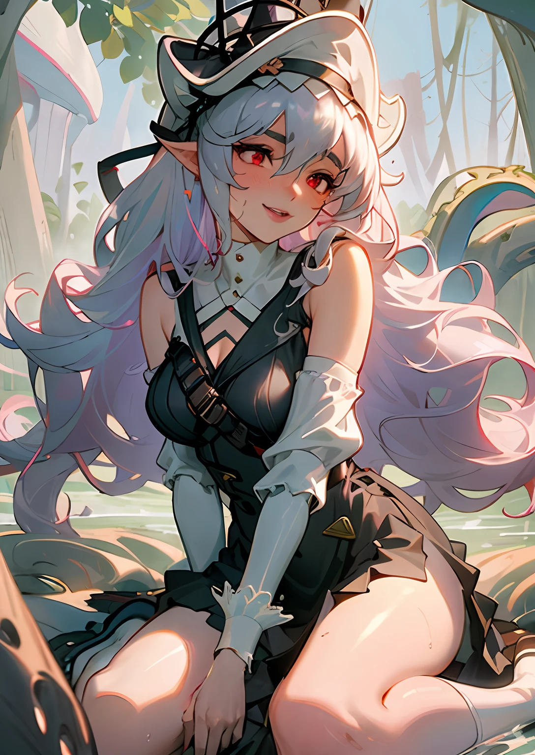 Anime girl sitting in woods with hat and gun, Guweiz in Pixiv ArtStation, Guviz-style artwork, trending on artstation pixiv, Kushatt Krenz Key Art Women, Guweiz on ArtStation Pixiv, wlop rossdraws, Loish et WLOP, a sexy maid in a magical forest