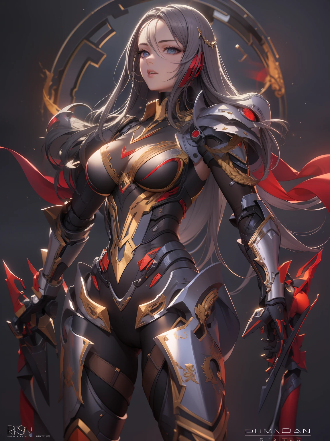 Exoskeleton mech，afofuturism，Gold and red theme style，offcial art，Unity 8k wallpaper，Hyper-detailing，Master masterpieces，，Best quality at best，A woman who is，（The is very detailed），（RAW photos，best qualtiy），（Realistis，realisticlying：1.3），High- sharpness，Open Your Mouth Lightly，Ultra detailed complex 3D rendering of the face，，（highly detailedskin：1.2），），Beautiful Caucasian Woman，Soft breasts and fair skin ，Black color hair，eBlue eyes，long whitr hair，，dynamic angle，Mysterious expressions，fire glow effect，Fantasy background，edge lit，Side brightness，cinematric light，hyper HD，8K，filmgrain，Best shadow，light particules，detailed skin textures，Detailed jewel armor texture，detailed face with，with intricate detail，ultra - detailed，brightly，sturdy，Silver armor，，Slender abs， have glowing weapons，Mech shield，pole，（Beautiful huge mech crown with details）），shinning eyes，long cape，fanciful,,,,,（Realistis），