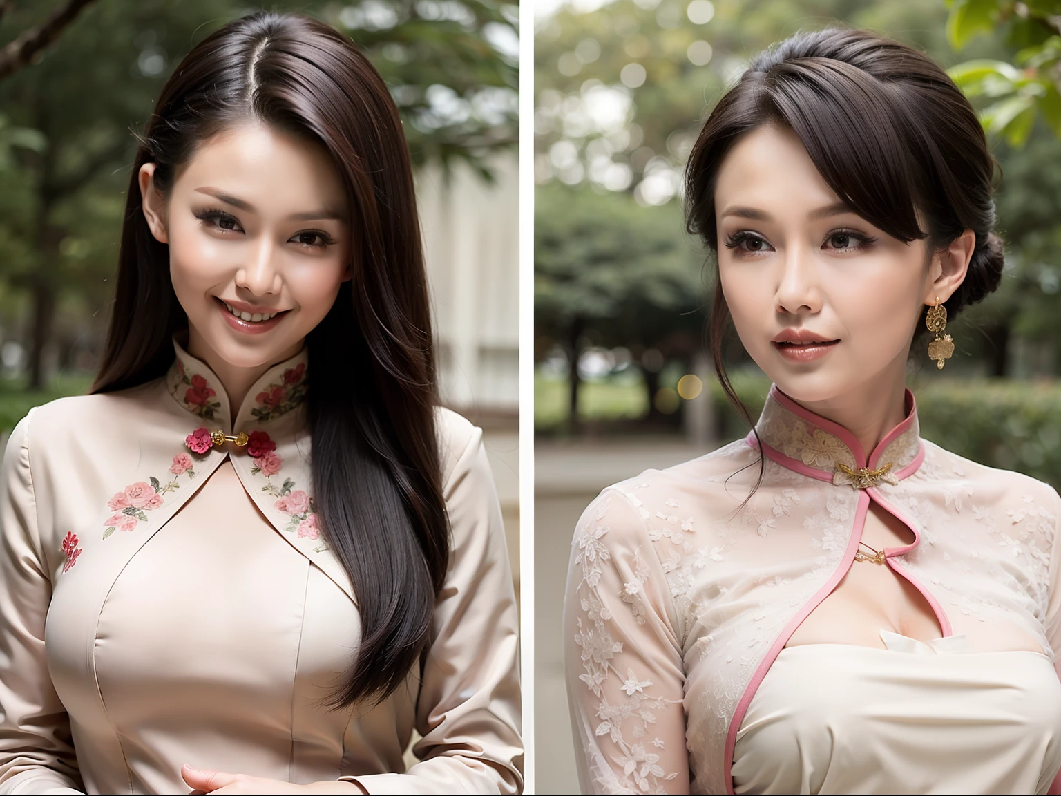 Fashion model 20 years old [[[[closeup cleavage]]]], [[[[boobgasm]]]], [[[[coll]]]], [[[[bshoulders]]]], perfect  eyes, Perfect iris，Perfect lips，perfect teeth，Perfect skin，Long face，slender nose，tall nose bridge，Soft front light，hdr，Movie girl，Pink cheongsam，Red cheongsam，White cheongsam，long whitr hair，Long hair with a shawl，Long hair like a waterfall，Green trees and flowers in the background，（pastel colour：1.2）
