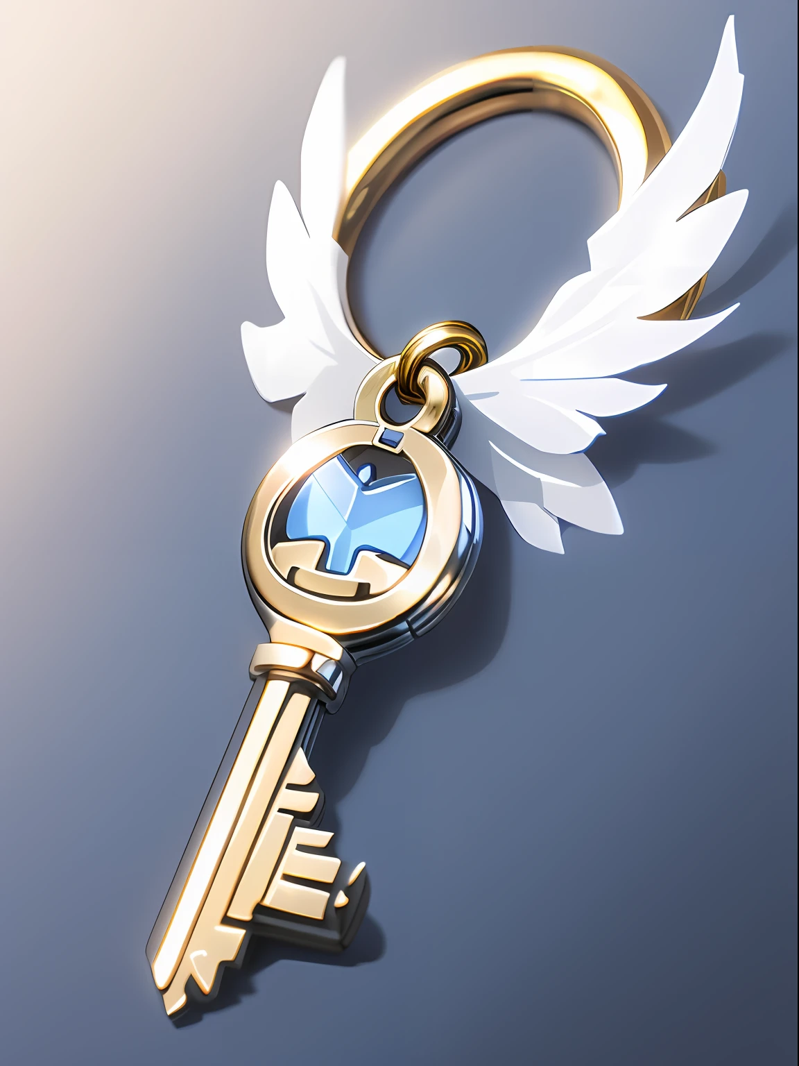 An icon,Draw a simple men's key,There is a certain wing element,The keys are silver,White predominantly,There are blue ribbons and gold accents,in style of ghibli