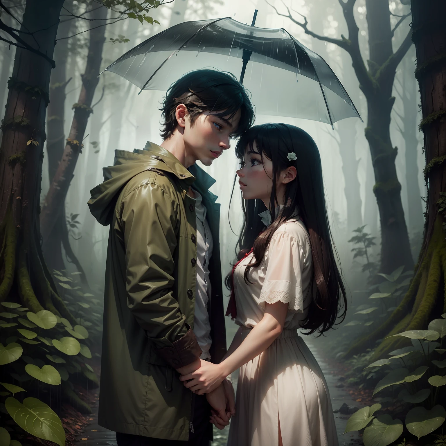 Rainy forest boy and girl romantic