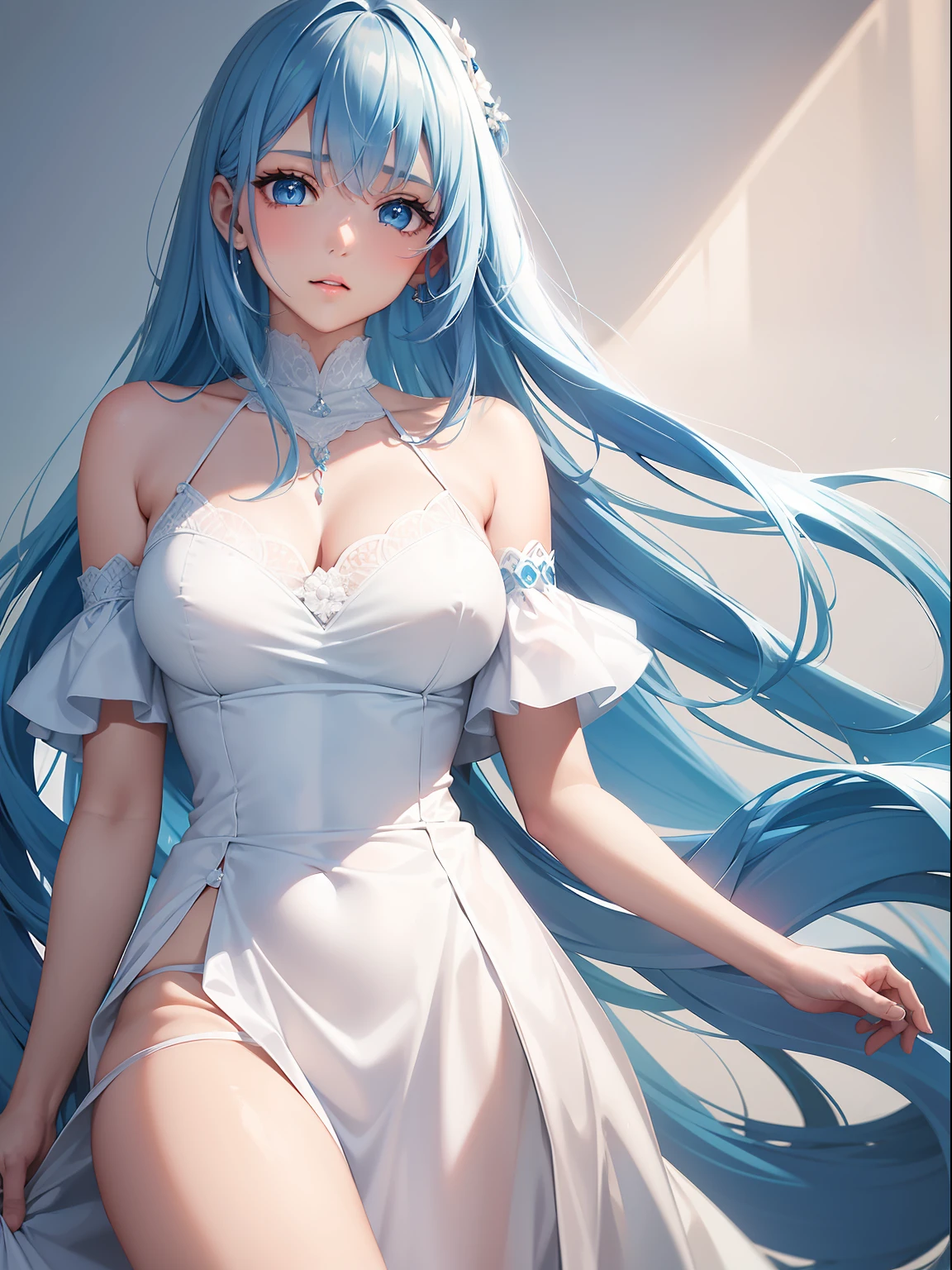 a women, blue hair, blue eyes, white dress