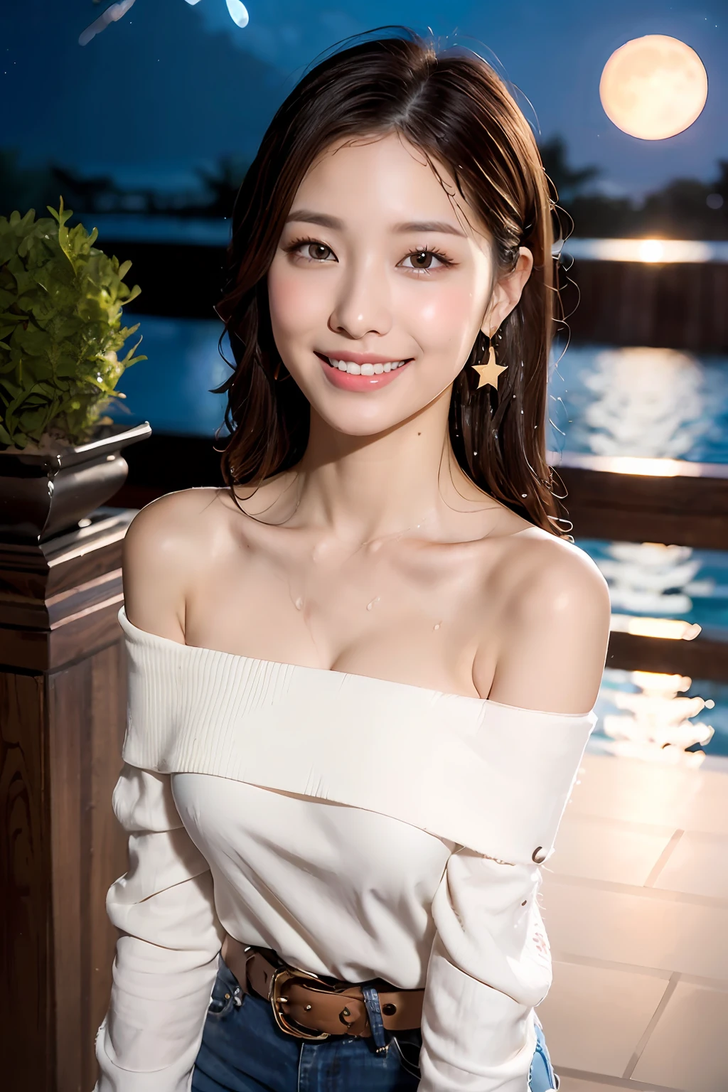 (masterpiece:1.3), high resolution, ultra detailed, extremely detailed CG unity 8k wallpaper, realistic, photo-realistic, RAW photo, beautiful detailed face, pale skin, realistic glistening skin, detailed cloth texture, detailed hair texture, Perfect Style, Beautiful Face, accurate, Anatomically correct, Highly detailed face and skin texture, natural neck length, (wet body, wet hair:1.1),
BREAK
Detailed eyes, symmetric eyes, Brown eyes, Double eyelids, Thin eyebrows, (Sexy Lips:1.3), (happy smile:1.2), (blush:1.2)
BREAK,
((Innocent and Cute girl:1.3)), ((wearing a off-shoulder White blouse:1.4)), (Gold buckle belt), (skinny jeans:1.2), (cross strap high heels:1.2), (necklace, bracelet), (Thin hoop earrings), (pinky ring), (beautiful blue nails:1.2),
Layered Hairstyle, (brown hair:1.2), (wavy hair:1.2), medium long hair, (large breasts, firm breast, nicely shaped breasts:1.1),
BREAK,
((Standing to close:1.4)), ((looking up at viewer:1.2)),
((close-up shot:1.2)), (Focus on face:1.2), (from above:1.2), (in an outdoor stylish beachside terrace), ((A view of The night sky filled with numerous stars and a large full moon shining brightly:1.3)),
