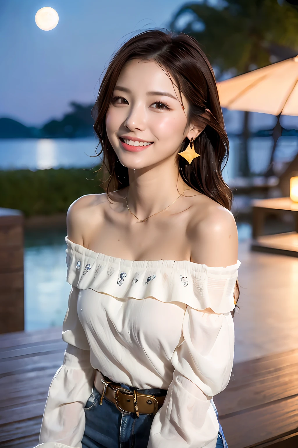 (masterpiece:1.3), high resolution, ultra detailed, extremely detailed CG unity 8k wallpaper, realistic, photo-realistic, RAW photo, beautiful detailed face, pale skin, realistic glistening skin, detailed cloth texture, detailed hair texture, Perfect Style, Beautiful Face, accurate, Anatomically correct, Highly detailed face and skin texture, natural neck length, (wet body, wet hair:1.1),
BREAK
Detailed eyes, symmetric eyes, Brown eyes, Double eyelids, Thin eyebrows, (Sexy Lips:1.3), (happy smile:1.2), (blush:1.2)
BREAK, 
((Innocent and Cute girl:1.3)), ((wearing a off-shoulder White blouse:1.4)), (Gold buckle belt), (skinny jeans:1.2), (cross strap high heels:1.2), (necklace, bracelet), (Thin hoop earrings), (pinky ring), (beautiful blue nails:1.2), 
Layered Hairstyle, (brown hair:1.2), (wavy hair:1.2), medium long hair, (large breasts, firm breast, nicely shaped breasts:1.1),
BREAK, 
((Standing to close:1.4)), ((looking up at viewer:1.2)), 
((close-up shot:1.2)), (Focus on face:1.2), (from above:1.2), (in an outdoor stylish beachside terrace), ((A view of The night sky filled with numerous stars and a large full moon shining brightly:1.3)),