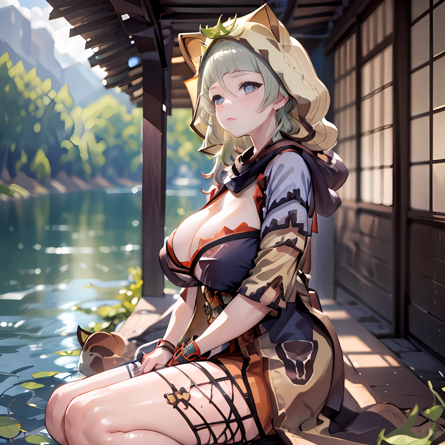 (NSTDA.:1.2), (10, beste-Qualit, master-piece: 1.4), ultra-high resolution, (lifelike, photorealistic portrait: 1.48), 25 years old, Cute Girl, Famous Japanese actors, gigantic breasts, Blue Eyes, Head tilt, cowboy shot, from the side, looking at the audience, expressionless, Beautiful lake, Zeiss 150mm F/ 2.8 Hasselblad, In Japanese shrines, Whole body, foot, Ultra-Wide Angle