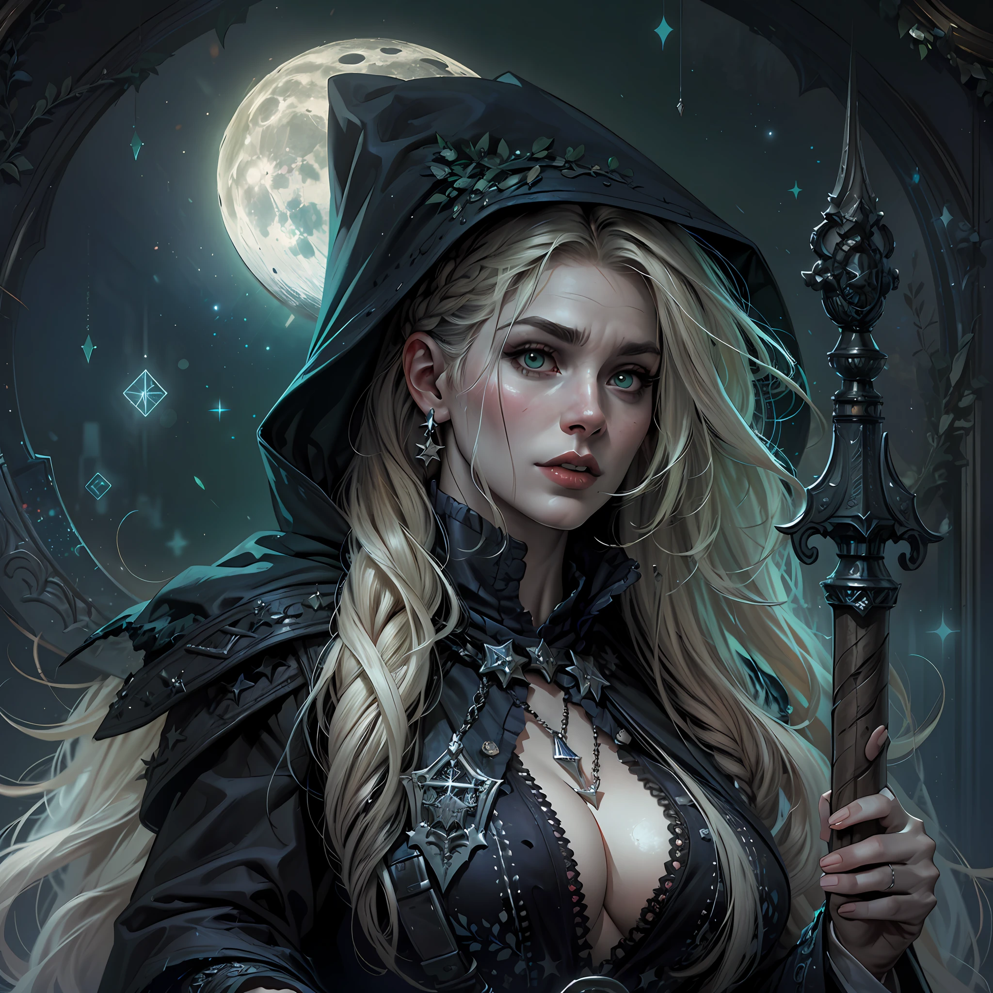 high details, best quality, 8k, [ultra detailed], masterpiece, best quality, (extremely detailed), dynamic angle, ultra wide shot, photorealistic, dark fantasy art,  gothic art, dark RPG art, realistic art, an ultra wide picture of female human cleric, holding a spear, wearing black cloak, black leather suit, with stars sigils (intense details, Masterpiece, best details: 1.5), high heeled boots, holy symbol casting a spell, white magical sigils (intense details, Masterpiece, best details: 1.5), stars and moon symbol, blue light from symbol, blond hair (intense details, Masterpiece, best details: 1.5), long hair, braided hair, small, intense eyes, green eyes, moon and stars background, (( goth worship atmosphere)), moon light high details, best quality, highres, ultra wide angle