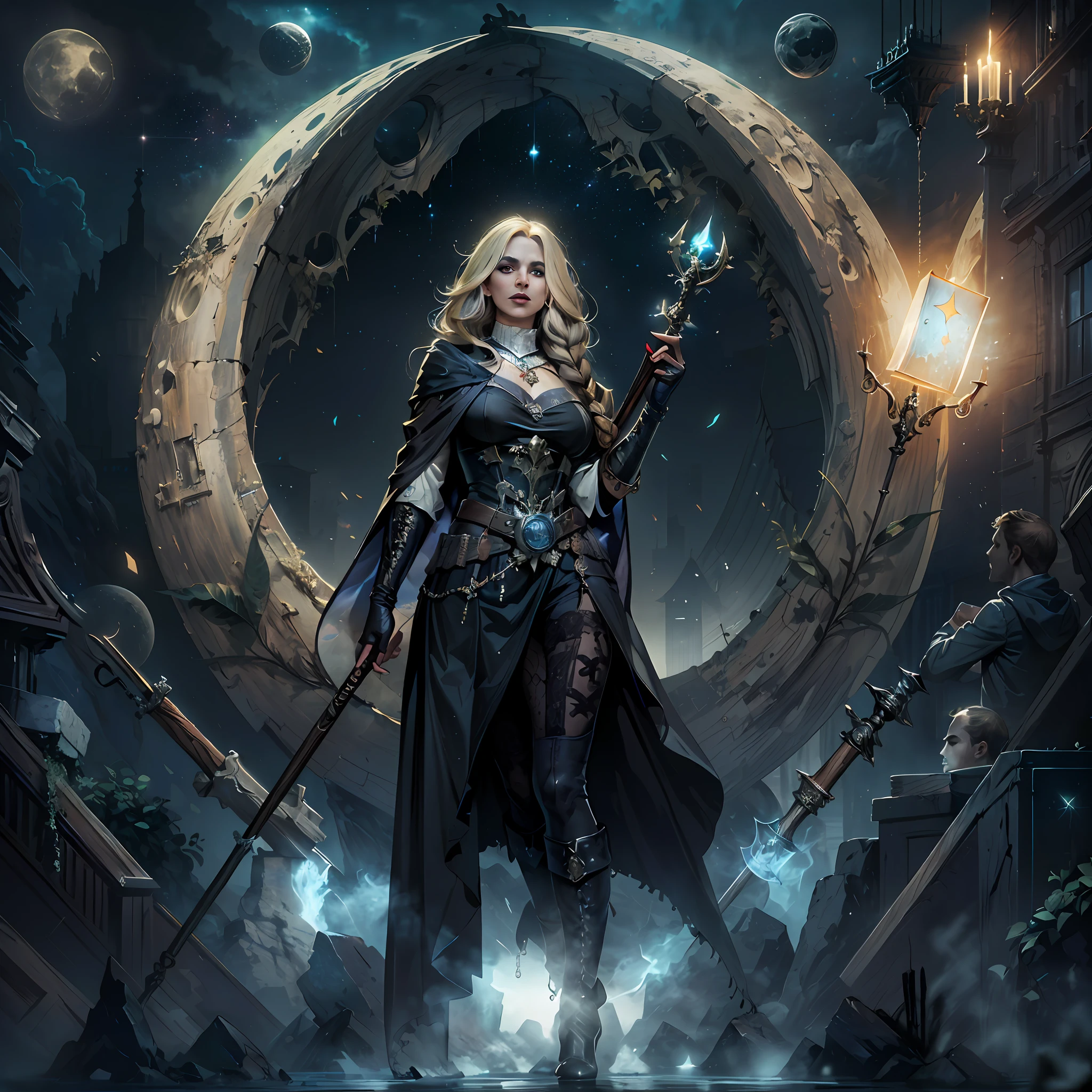high details, best quality, 8k, [ultra detailed], masterpiece, best quality, (extremely detailed), dynamic angle, ultra wide shot, photorealistic, dark fantasy art,  gothic art, dark RPG art, realistic art, an ultra wide picture of female human cleric, holding a spear, wearing black cloak, black leather suit, with stars sigils (intense details, Masterpiece, best details: 1.5), high heeled boots, holy symbol casting a spell, white magical sigils (intense details, Masterpiece, best details: 1.5), stars and moon symbol, blue light from symbol, blond hair (intense details, Masterpiece, best details: 1.5), long hair, braided hair, small, intense eyes, green eyes, moon and stars background, (( goth worship atmosphere)), moon light high details, best quality, highres, ultra wide angle