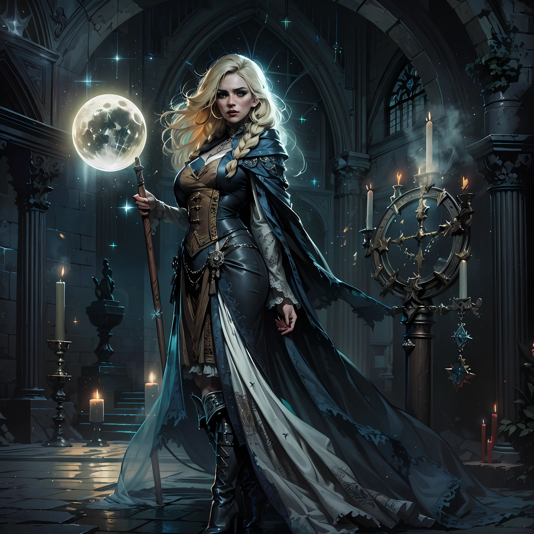 high details, best quality, 8k, [ultra detailed], masterpiece, best quality, (extremely detailed), dynamic angle, ultra wide shot, photorealistic, dark fantasy art,  gothic art, dark RPG art, realistic art, an ultra wide picture of female human cleric, holding a spear, wearing black cloak, black leather suit, with stars sigils (intense details, Masterpiece, best details: 1.5), high heeled boots, holy symbol casting a spell, white magical sigils (intense details, Masterpiece, best details: 1.5), stars and moon symbol, blue light from symbol, blond hair (intense details, Masterpiece, best details: 1.5), long hair, braided hair, small, intense eyes, green eyes, moon and stars background, (( goth worship atmosphere)), moon light high details, best quality, highres, ultra wide angle