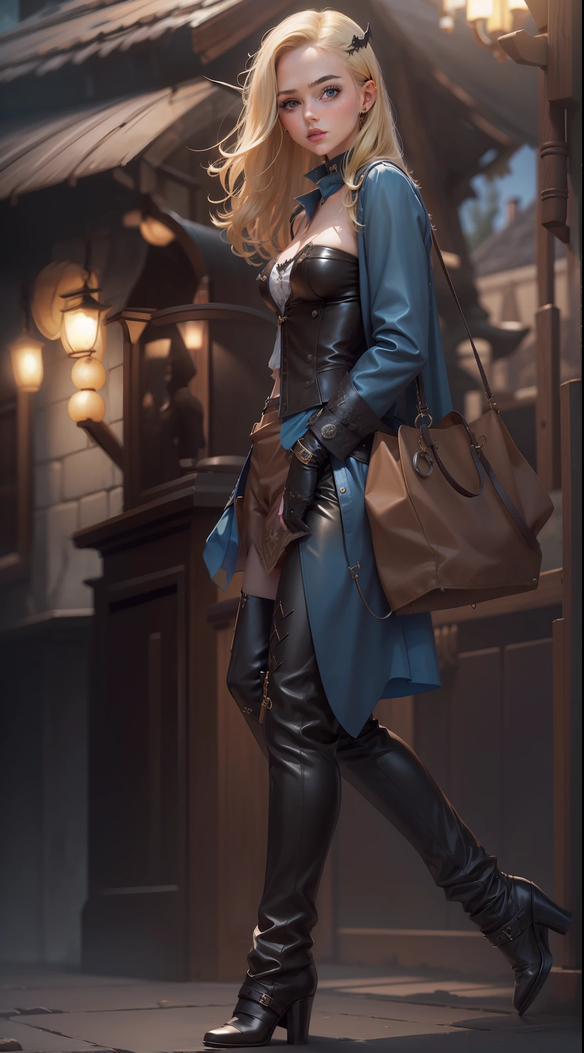 1 girl, brunete blonde hair, corpo inteiro, roupas estilo vitoriano, orelhas elficas, fantasy rpg, black pant, blusa azul, jaqueta marrom, bolsa de couro de vaca, Escuro, Sombra, gothic, witch