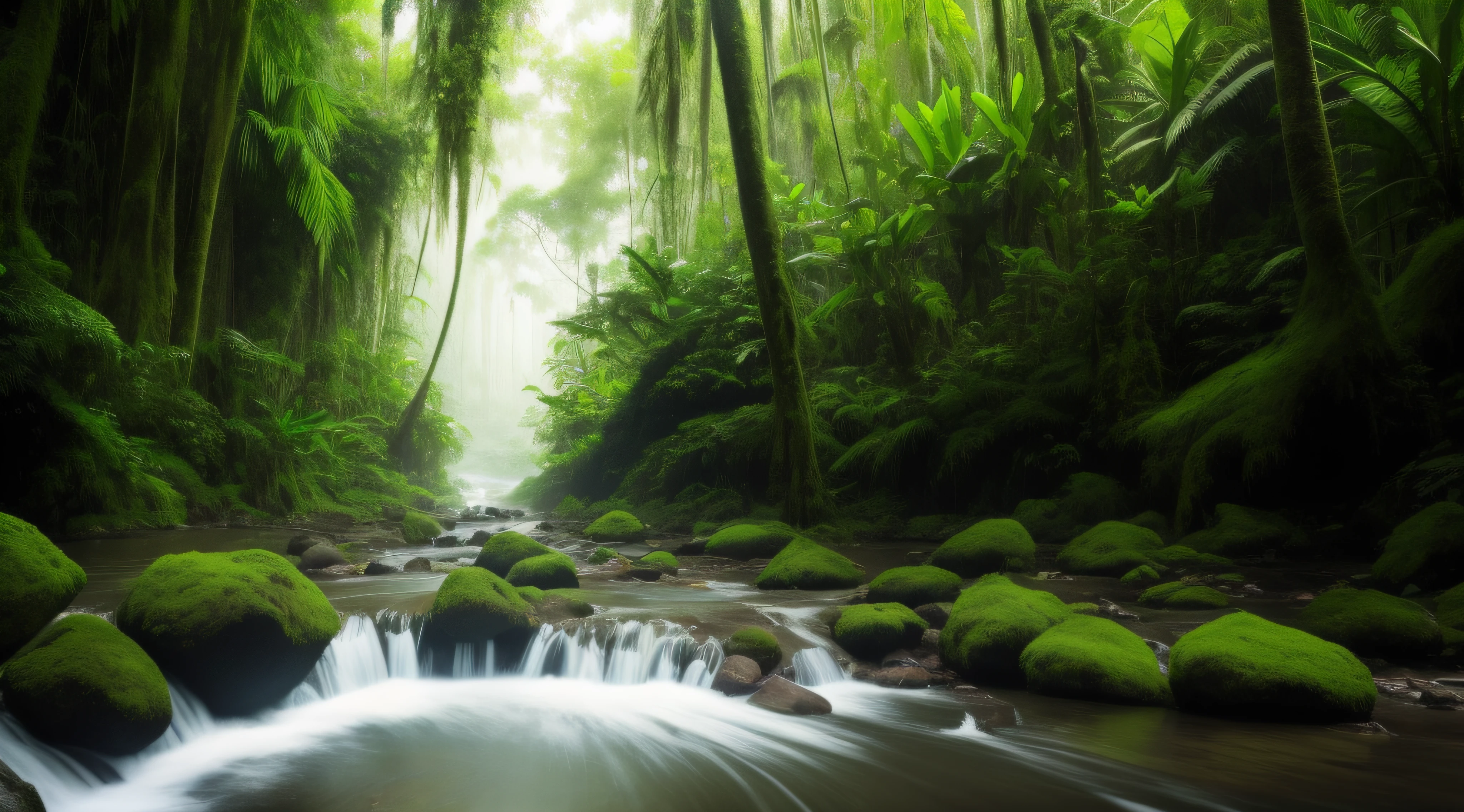 arafed view of a stream running through a lush green forest, eerie jungle, . background: jungle river, deep jungle from another world, river in a forest, fantasy jungle, jungle landscape, beautiful jungle, malaysia jungle, on a jungle forest, river flow through borneo jungle, jungle nature, forest and river, foggy jungle, dense jungle, beautiful jungle landscape