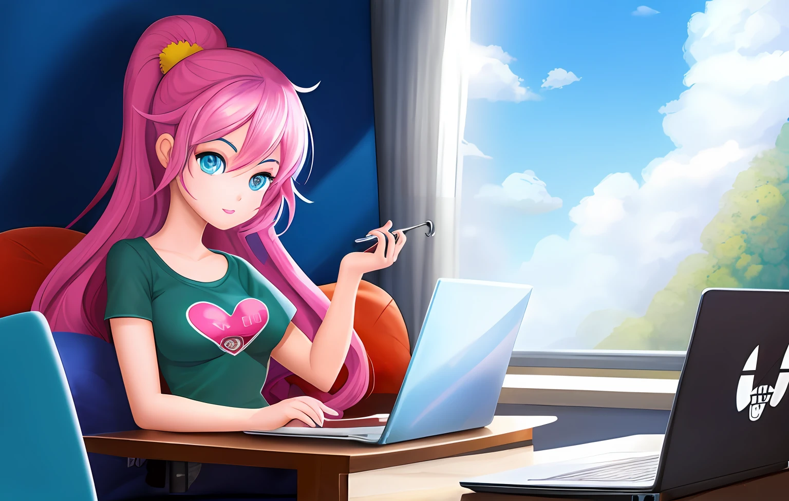 Cartoon Girl sitting at laptop, NFT Portrait, 2D Portrait, High Quality Portrait, Epic Portrait Illustration, Varguart Style, 2D Illustration, 2D Illustration, Cartoon Style Illustration, Cartoon Art Style, Magali, Conceptual Character Portrait, Gigachada Portrait, Me Character Portrait, Detailed Portrait Illustration, Portrait with digital illustration