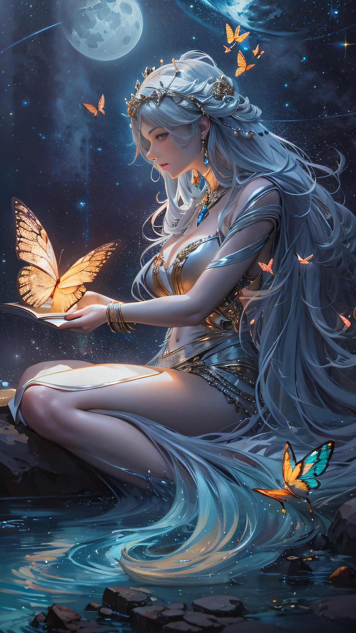 Goddess of the Moon perfect face, sitting on a rock in the forest, reading a magical book, with a stream flowing at her feet, with lit candles illuminating the whole stream, realistic face, flowers and butterflies, R.Giger, WLOP, Artgerm, abstract art, intricate watercolor painting, digital painting, explosion of colors, conceptual art, volumetric lighting, metallic reflections, swirls of glitter, Deco glow, dripping liquid stars and galaxies, 3D render, 8k. Milkyway Galaxy, trend in artstation