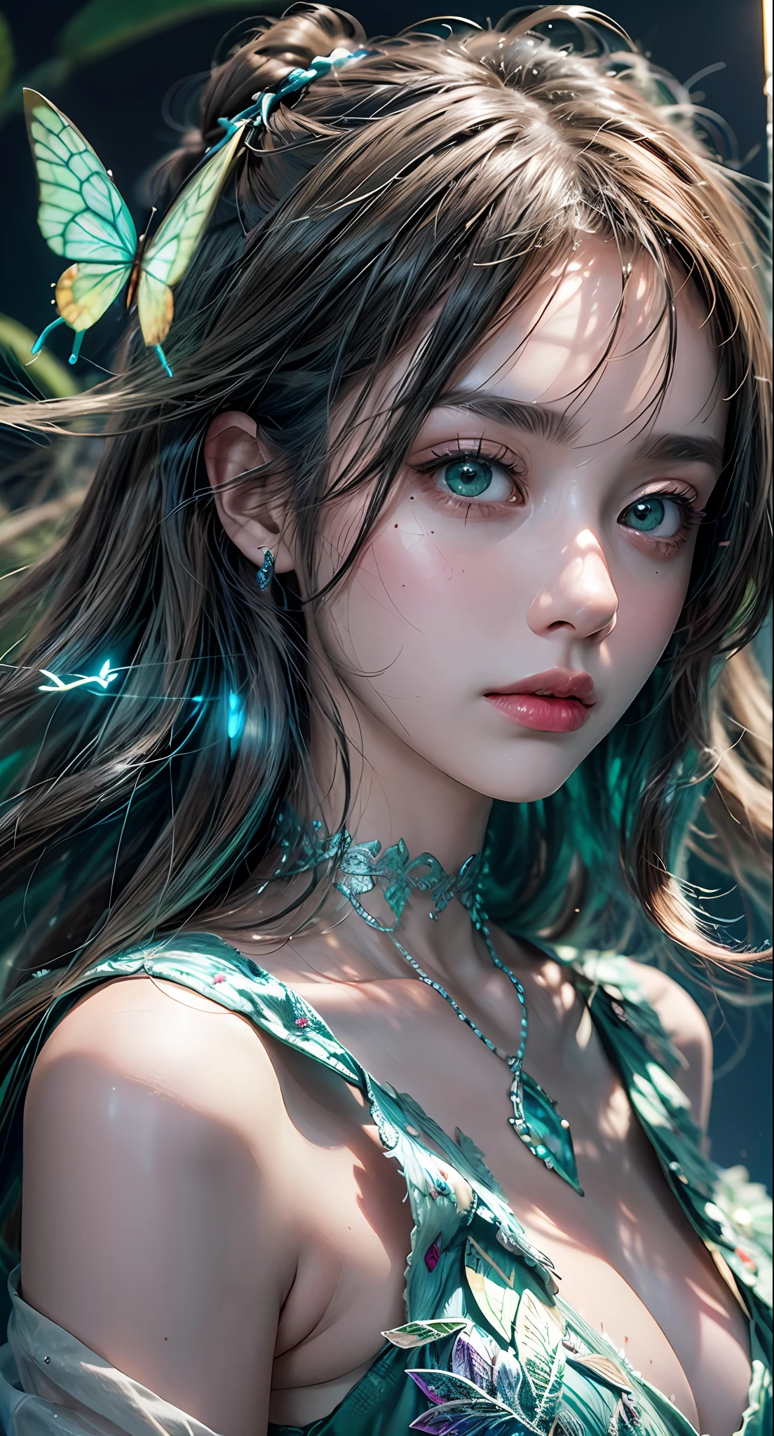 illustration, cinematic light, highres, highest quallity, ultra detailed, detailed face, (detailed eyes), best quality, hyper detailed, masterpiece, (detailed face), clean face, sexy mature woman wears transparent (torn) cloths, floating cloth, see through, choker, open cloths, high heels, green eyes, neon tiny glowing hair ends, dark fantasy forest, glowing plants with neon details, dark magic, (portal:1.15) to the underworld in the background, light reflection, heart shaped iris, playful eyes, open shoulder, rain, (wet body), tiny glowing butterfly, hair jewery,(masterpiece), best quality, ultra-detailed, an extreme close-up of an eye, crisp details, intricate lines, vivid colors, bright highlights, dark shadows, sparkling reflections, depth of field, mesmerizing beauty.