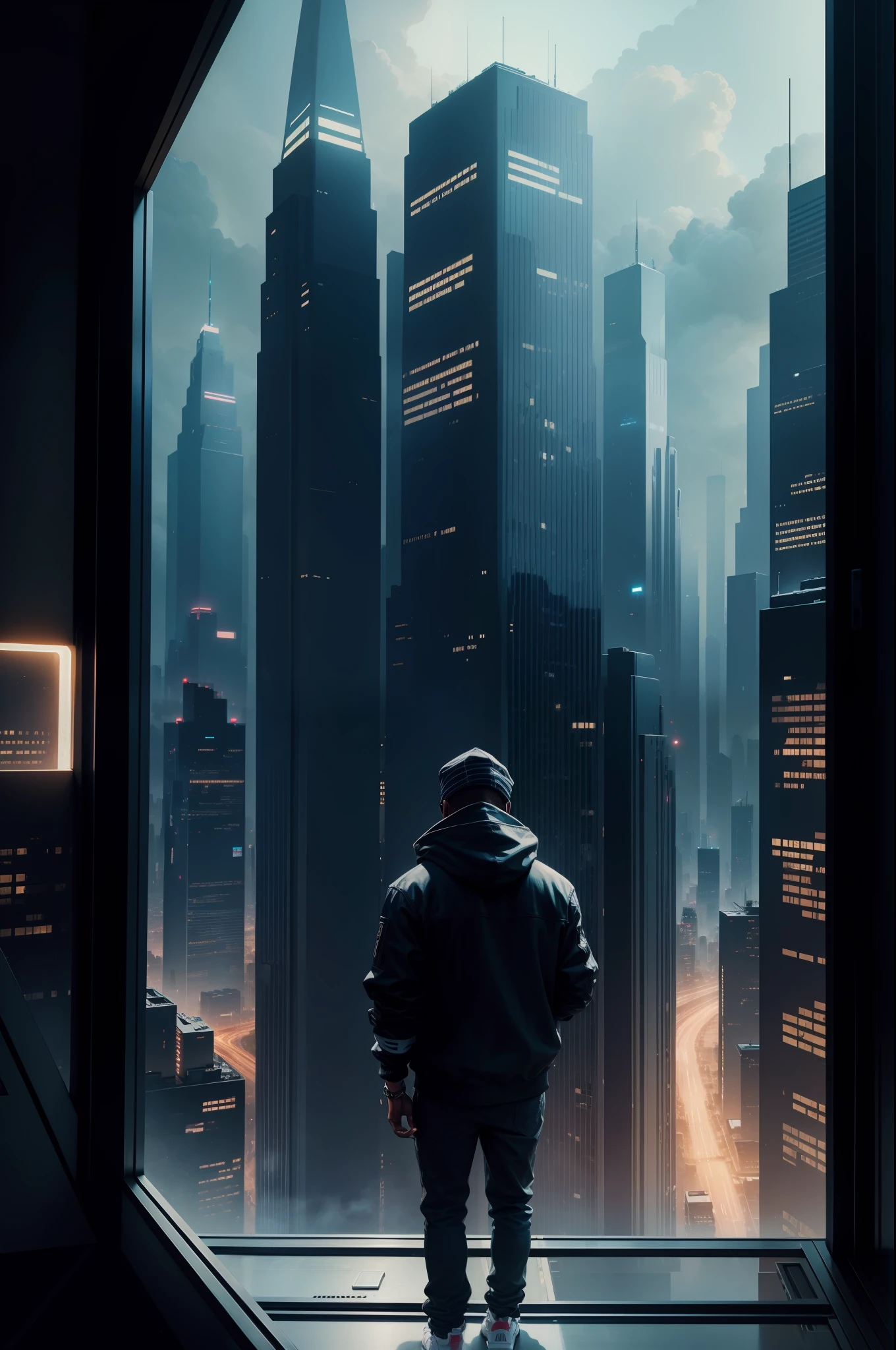 A black rapper looks out the window at a huge futuristic city