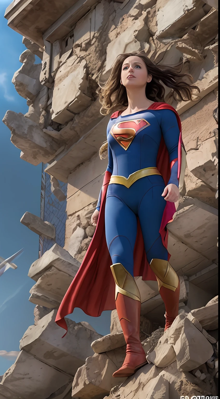 "A stunningly realistic depiction of Supergirl gracefully soaring through the sky, empowered by her untamed brunette locks. The scene unfolds as a captivating female protagonist stumbles upon the iconic costume and cape of Superman within the crumbling walls of an ancient building."