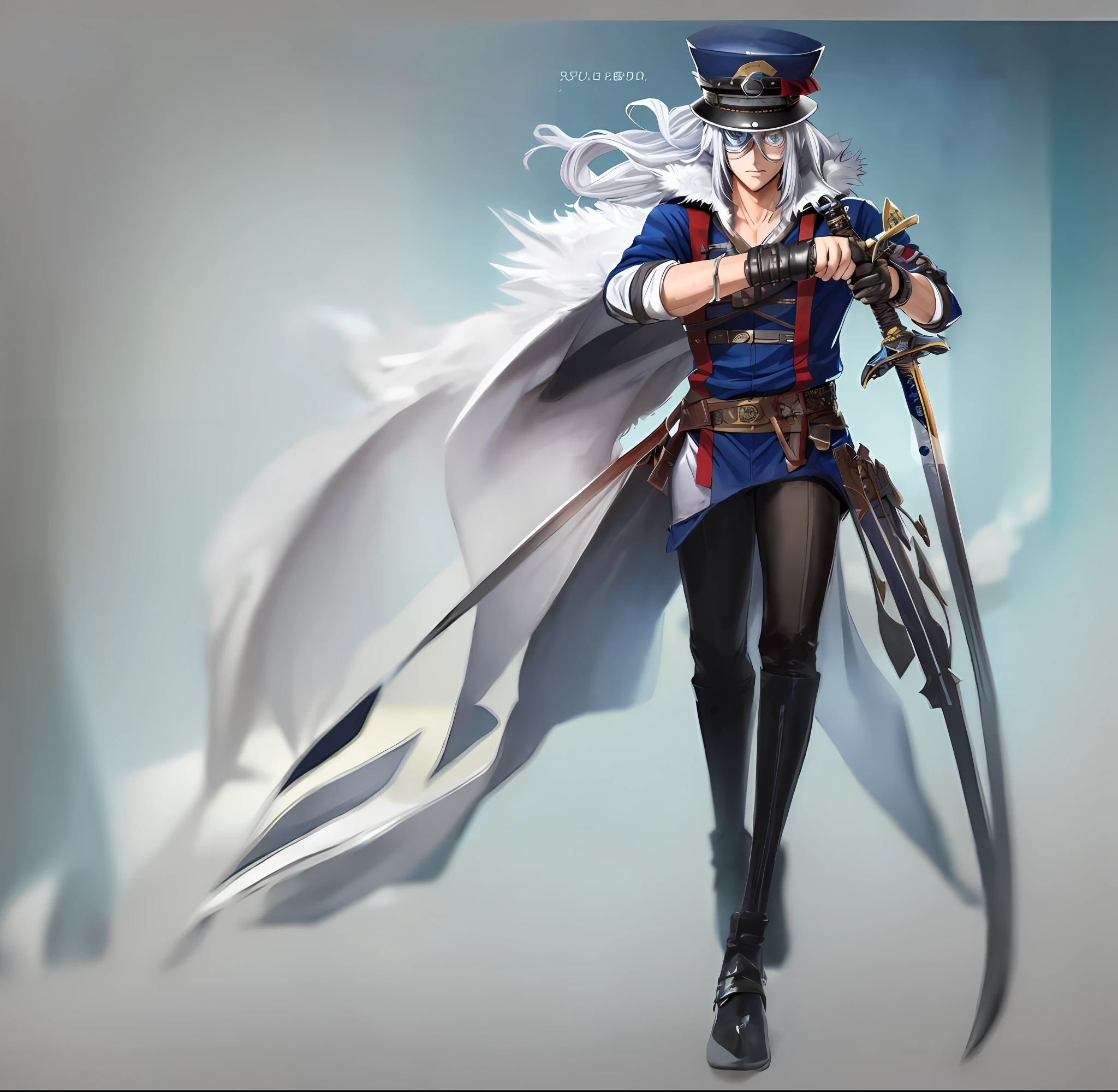 Anime character with a cloak with a sword, hat and sword, masamune shiro, masamune, Anime Character, Detailed eyes, detailed anime character art, made with anime painter studio, anime character art, akiyuki shinbou, anime in fantasy style, white haired god, otaku gangasta, thancred waters in style of wlop, GenshinImpact, Blue leather shoes,