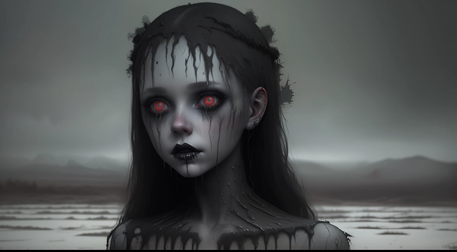 Creepy pagan girl with dripping makeup in desolated land as background, photorealistic, ultra detailed, horror, creepy, masterpiece, trending on Artstation.