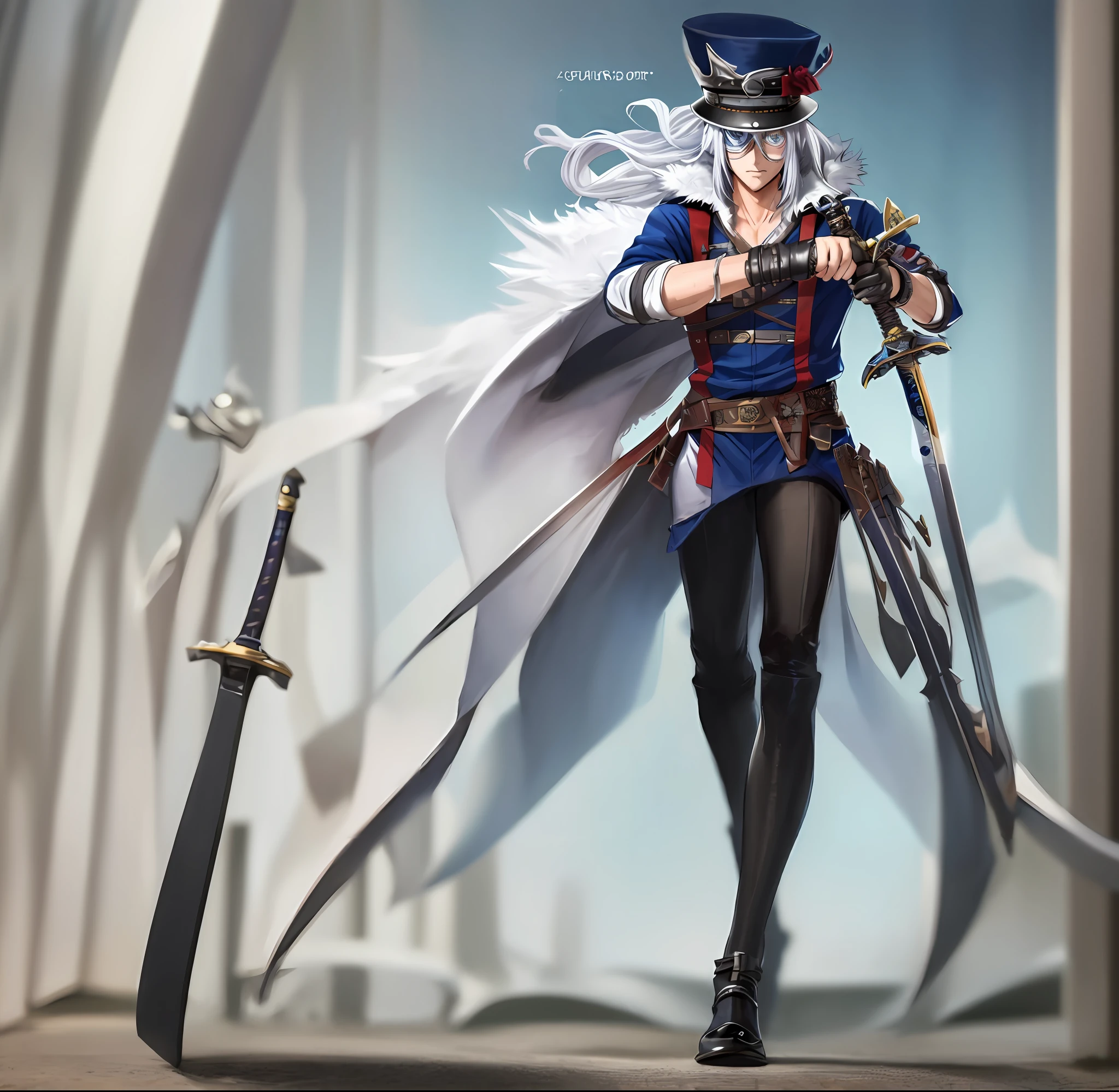 Anime character with a cloak with a sword, hat and sword, masamune shiro, masamune, Anime Character, Detailed eyes, detailed anime character art, made with anime painter studio, anime character art, akiyuki shinbou, anime in fantasy style, white haired god, otaku gangasta, thancred waters in style of wlop, GenshinImpact, Blue leather shoes,