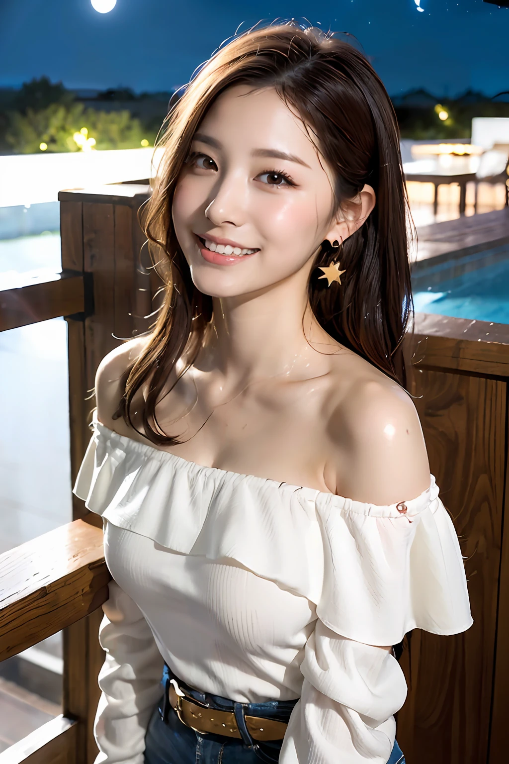 (masterpiece:1.3), high resolution, ultra detailed, extremely detailed CG unity 8k wallpaper, realistic, photo-realistic, RAW photo, beautiful detailed face, pale skin, realistic glistening skin, detailed cloth texture, detailed hair texture, Perfect Style, Beautiful Face, accurate, Anatomically correct, Highly detailed face and skin texture, natural neck length, (wet body, wet hair:1.1),
BREAK
Detailed eyes, symmetric eyes, Brown eyes, Double eyelids, Thin eyebrows, (Sexy Lips:1.3), (happy smile:1.2), (blush:1.2)
BREAK,
((Innocent and Cute girl:1.3)), ((wearing a off-shoulder White blouse:1.4)), (Gold buckle belt), (skinny jeans:1.2), (cross strap high heels:1.2), (necklace, bracelet), (Thin hoop earrings), (pinky ring), (beautiful blue nails:1.2),
Layered Hairstyle, (brown hair:1.2), (wavy hair:1.2), medium long hair, (large breasts, firm breast, nicely shaped breasts:1.1),
BREAK,
((Standing to close:1.4)), ((looking up at viewer:1.2)),
((Upper body shot:1.2)), (Focus on face:1.2), (from above:1.2), (in an outdoor stylish beachside terrace), ((A view of The night sky filled with numerous stars and a large full moon shining brightly:1.3)),
