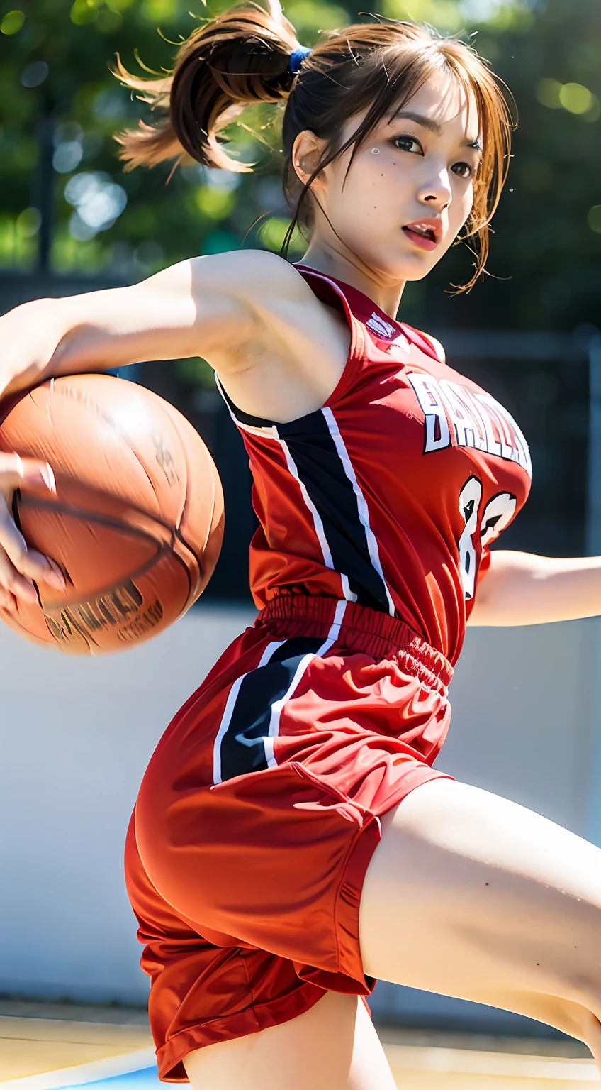 Bold poses、Cute idol woman in Japan、(basketball_uniform:1.Wearing 3)、Colossal tits、A face that fascinates photographers、red brown hair、short ponytail hair、Floating hair、 Good Hand、Jump high towards the goal、Extend the hand holding the ball high towards the goal ring、8K、hight resolution、​masterpiece、top-quality、headw:1.3、Fine detailed skin、Sharp Focus、(电影灯光)、鎖骨、natta、Soft lighting、dynamic ungle、(((Inside the basketball court、)))Raw photo of the whole body、