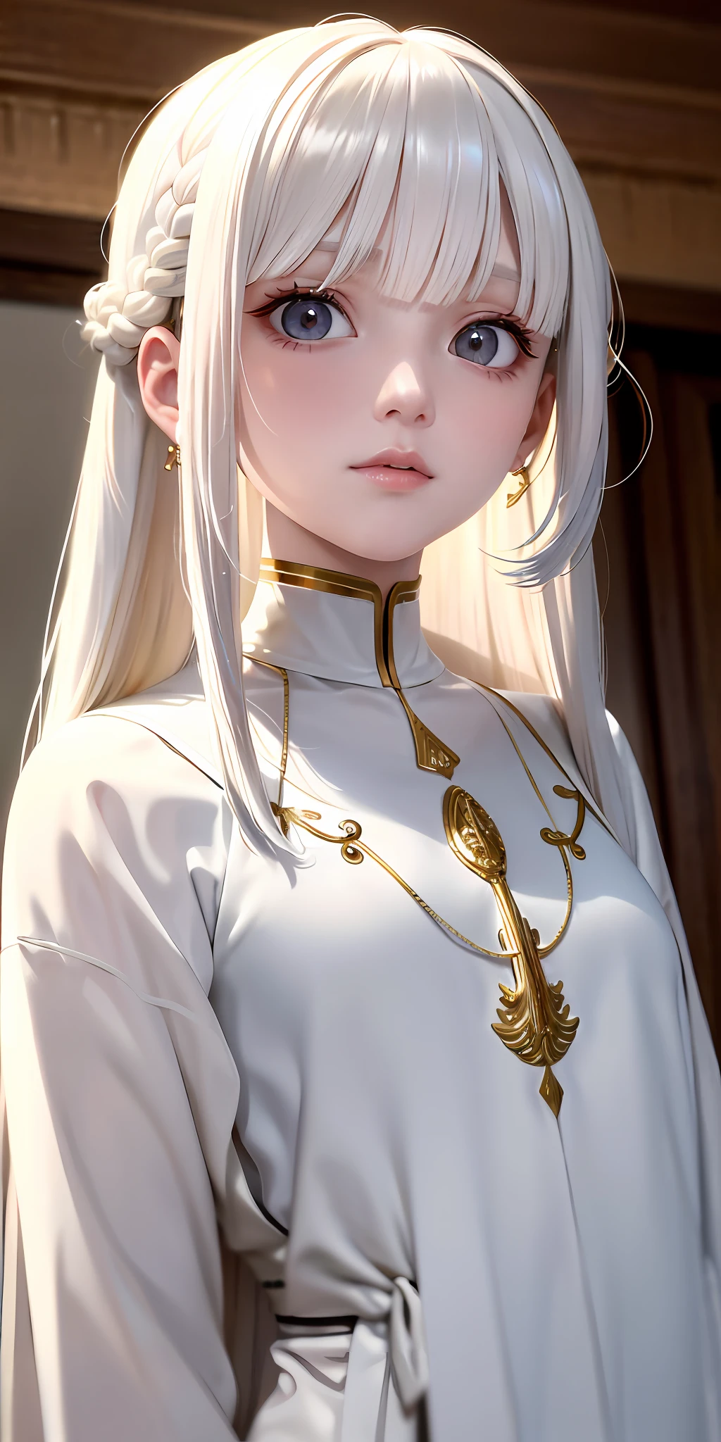 best quality, masterpiece,white hair, gold eyes,white clothes, looking up, upper body,hair strand,Fair skin,side braids