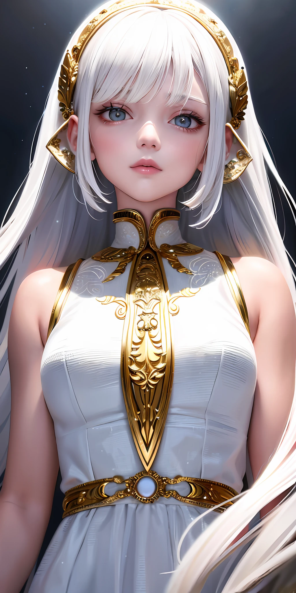 best quality, masterpiece,white hair, gold eyes,white clothes, looking up, upper body,hair strand,Fair skin,side braids