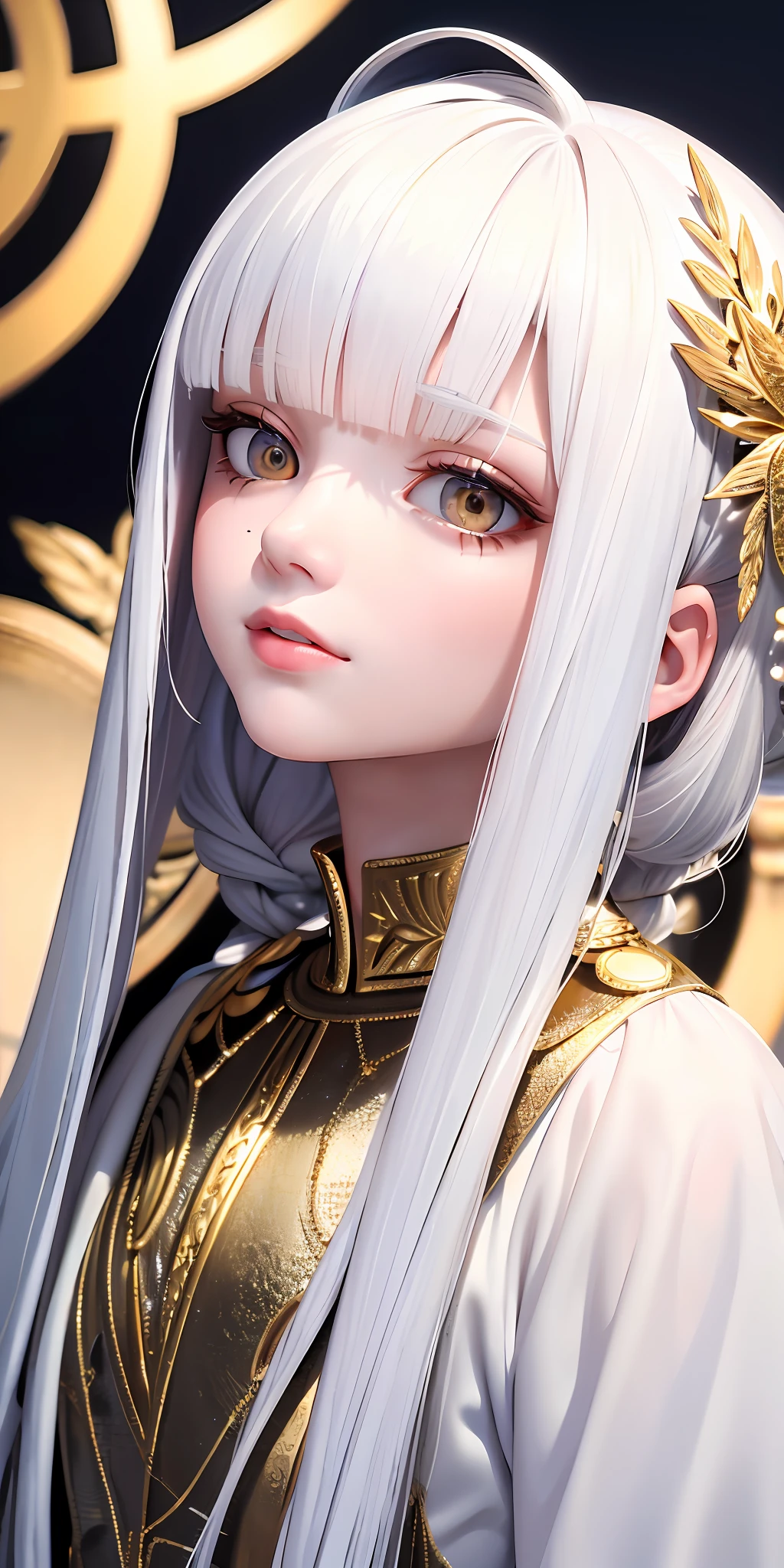 best quality, masterpiece,white hair, gold eyes,white clothes, looking up, upper body,hair strand,Fair skin,side braids