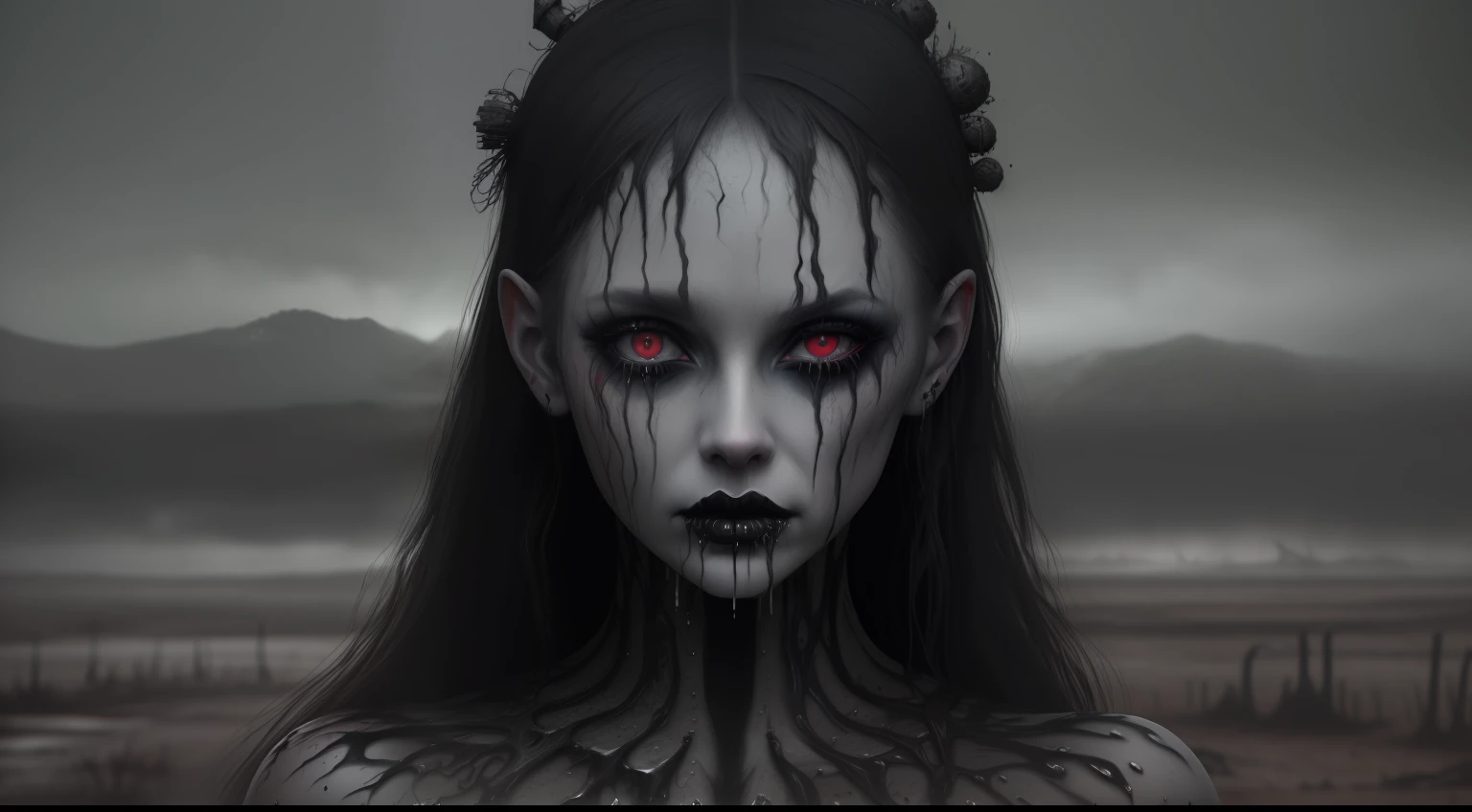 Creepy pagan woman with dripping makeup in desolated land as background, photorealistic, ultra detailed, horror, creepy, masterpiece, trending on Artstation.