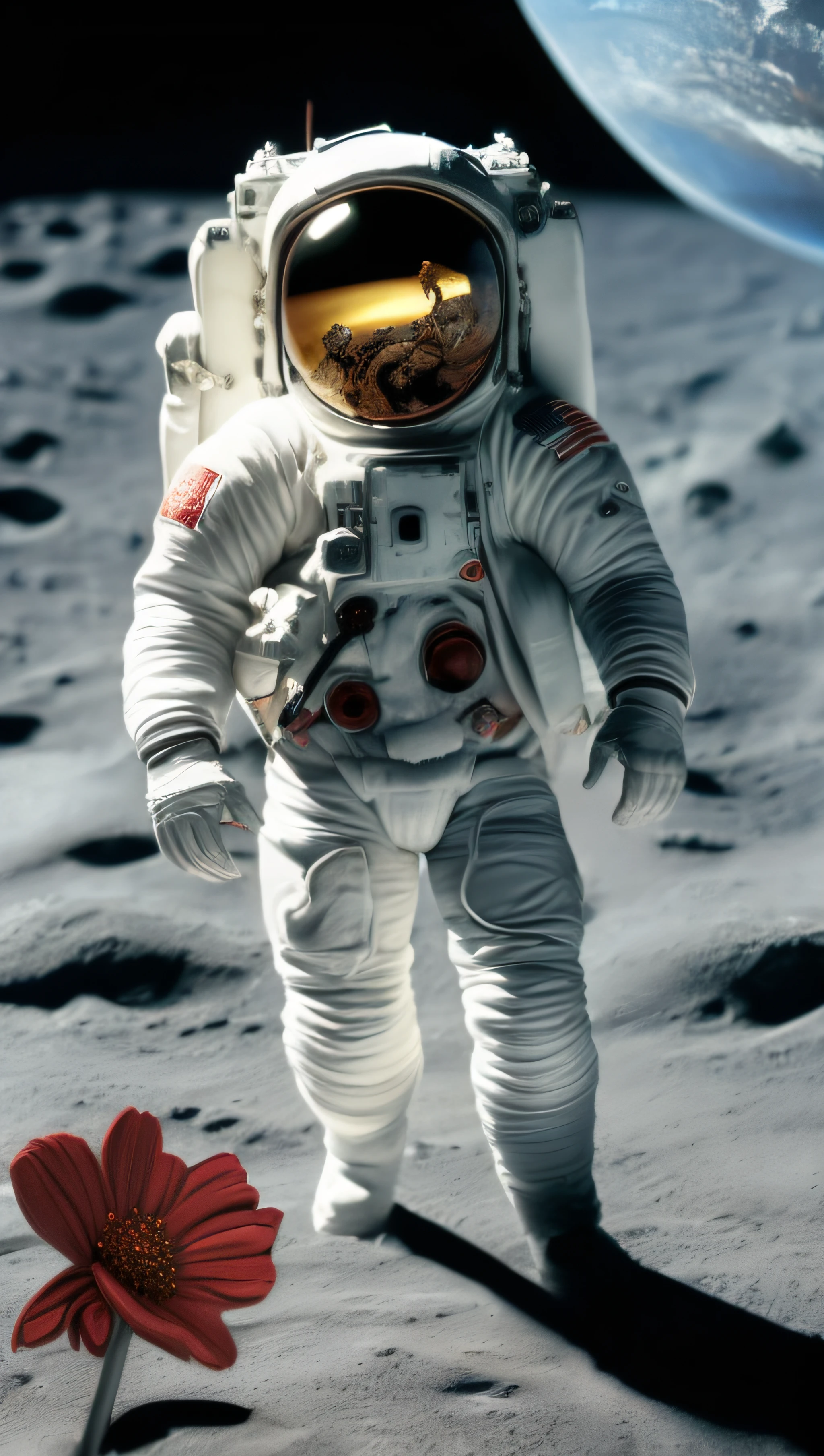 . In the sky we see an astronaut holding a red flower he walking on the lunar surface, with a planet in the background, miniature diorama style, focus on the astronaut, medium definition planet, Alan Bean, shot on 70 mm, dark white and azure, toy proportions, environmentalism