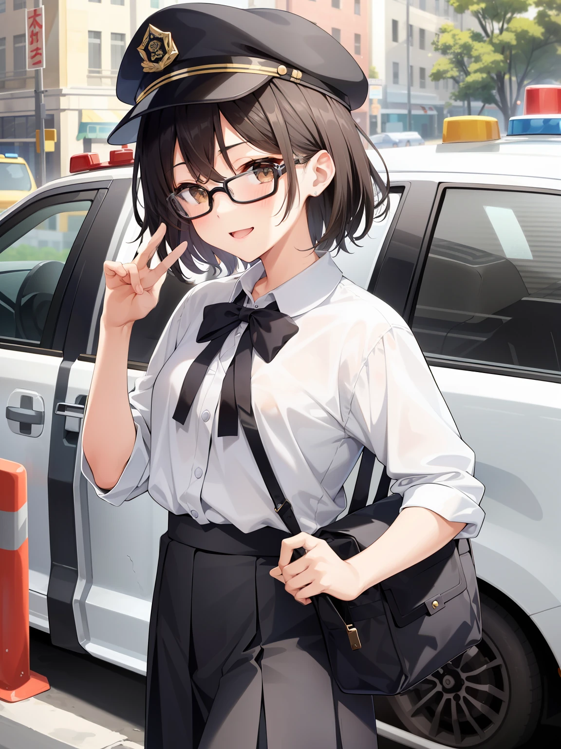 (girl with、独奏、a junior high school student、A dark-haired、short-hair、straight haired、hair adornments、Light brown eyes、A smile、wearing black glasses、small tits、cute face)、masterpiece、best qualtiy、ultra-detailliert、illustratio、White lace blouse、Black pants、Police Hat、taxi driver、Holding the handle