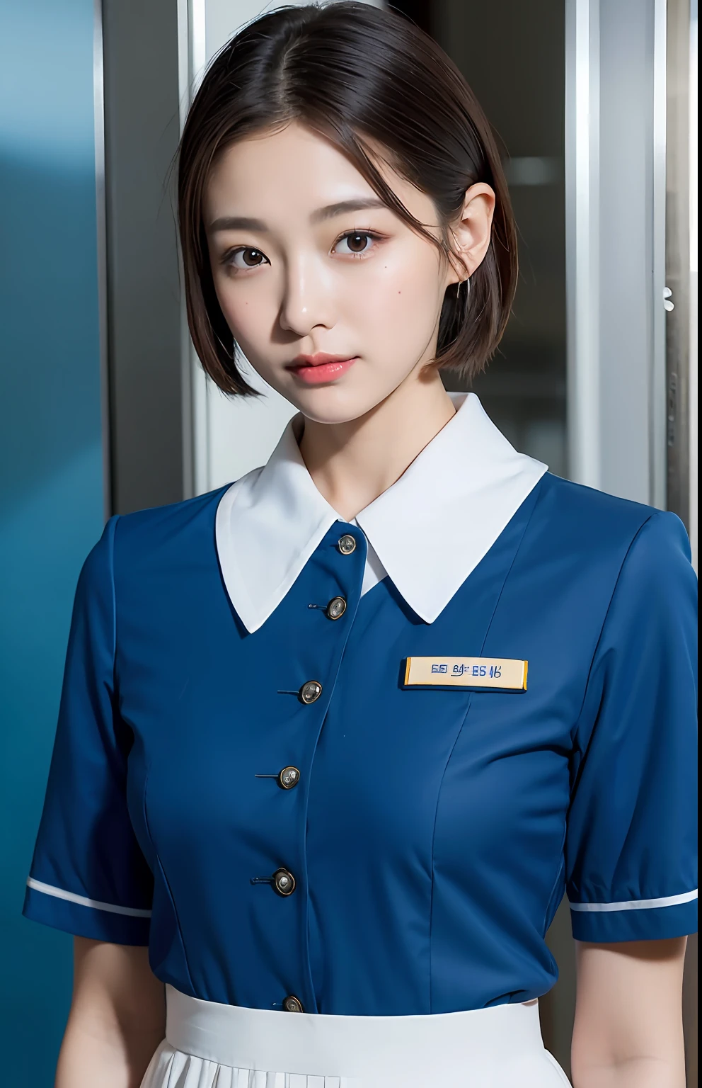 photo of a ultra realistic 4k, hyper realistic, focused, perfect face, beautiful face, lots of fine detail, photography, photorealism, the highest quality, the highest detail, Third-Person View, Long Exposure, 8K, Ultra-HD, ultra details, award-winning photography,
stewardess, in airplane, short hair, ponytail, Korean, Korean idol, Korean beauty, full body, white skirt, blue short sleeve Korean airline uniform,