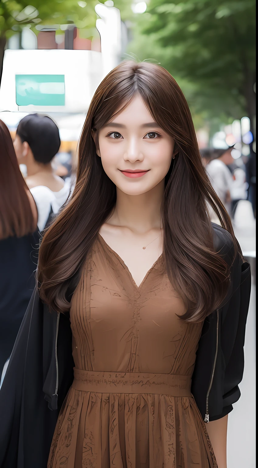 ((best qualtiy,8K,tmasterpiece:1.3)), 1girll, ssmile, (Full body photo), Slim Faces, Beautiful woman, (dark brown hair), full length dress :1.1, Super detailed face, Detailed eyes, 二重まぶた, blur backgroun, Slim Faces, 城市, do lado de fora, the street,