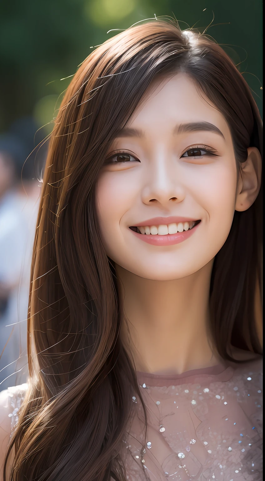 ((best qualtiy,8K,tmasterpiece:1.3)), 1girll, ssmile, (Full body photo), Slim Faces, Beautiful woman, (dark brown hair), full length dress :1.1, Super detailed face, Detailed eyes, 二重まぶた, blur backgroun, Slim Faces, 城市, do lado de fora, the street,