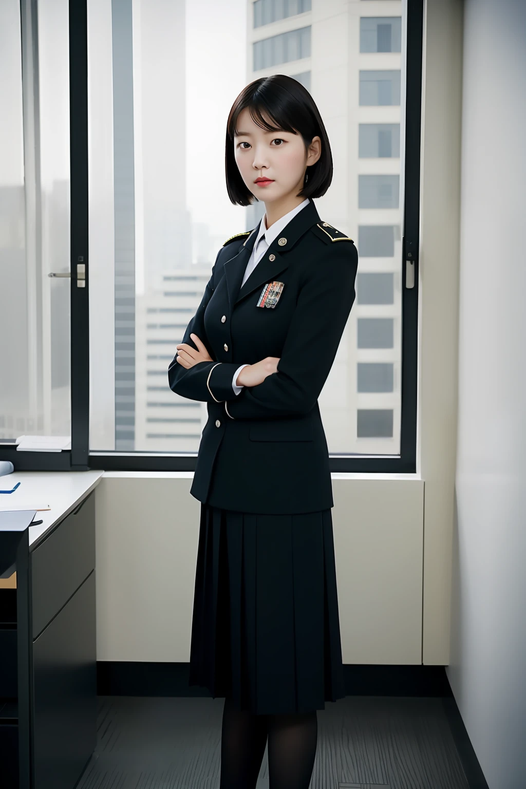 sonyoonjoo, 1girl, solo, black hair, realistic,uniform, standing,office