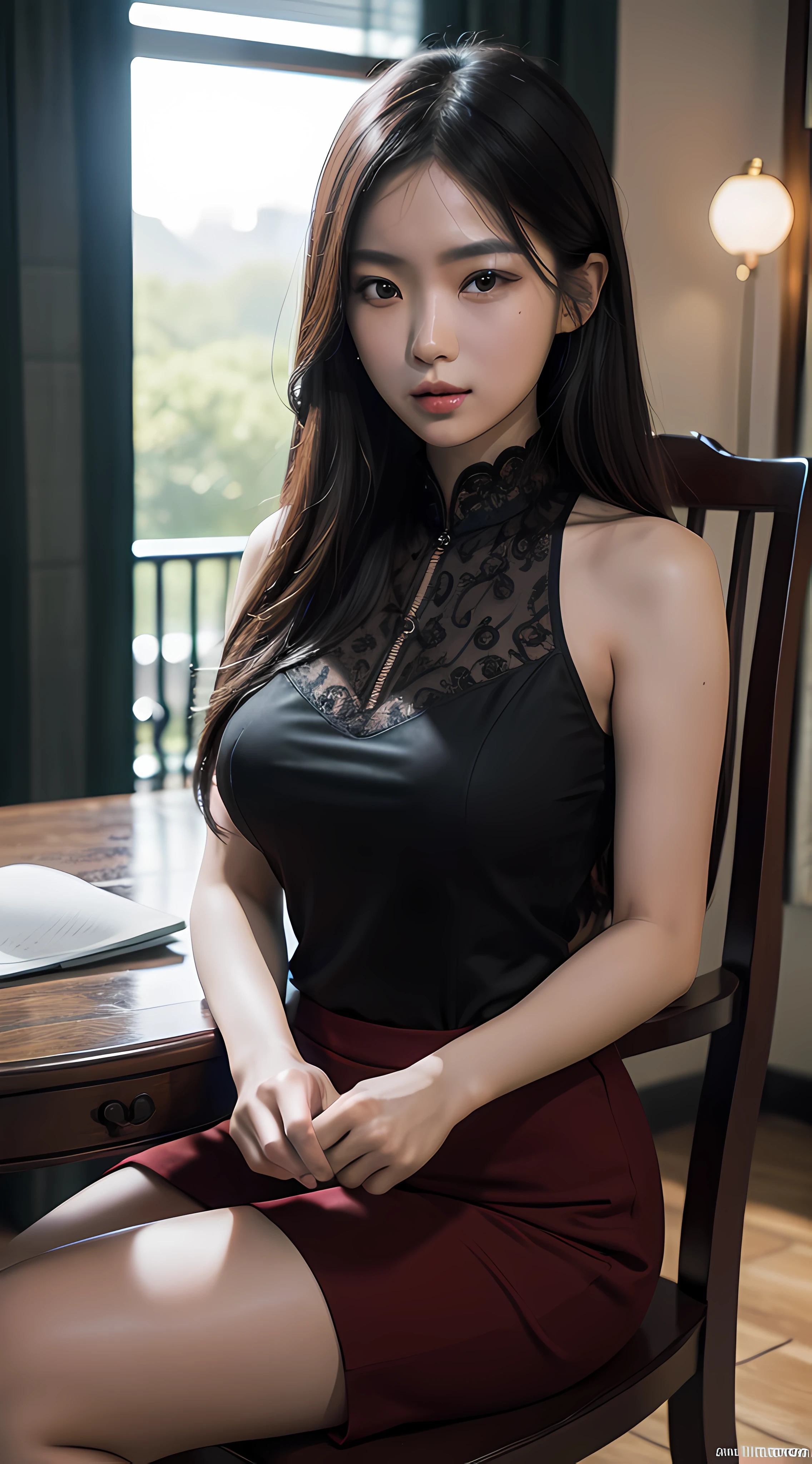 An Asian Woman sitting on the chair, eyes on the camera, highly detailed, Ultra Detailed, Ultra HD, Max Sharpen, 8K, 101K ultra detailed resolution, sf, trending on artstation, focus sharp, studio shot, intricate detail, highly detailed