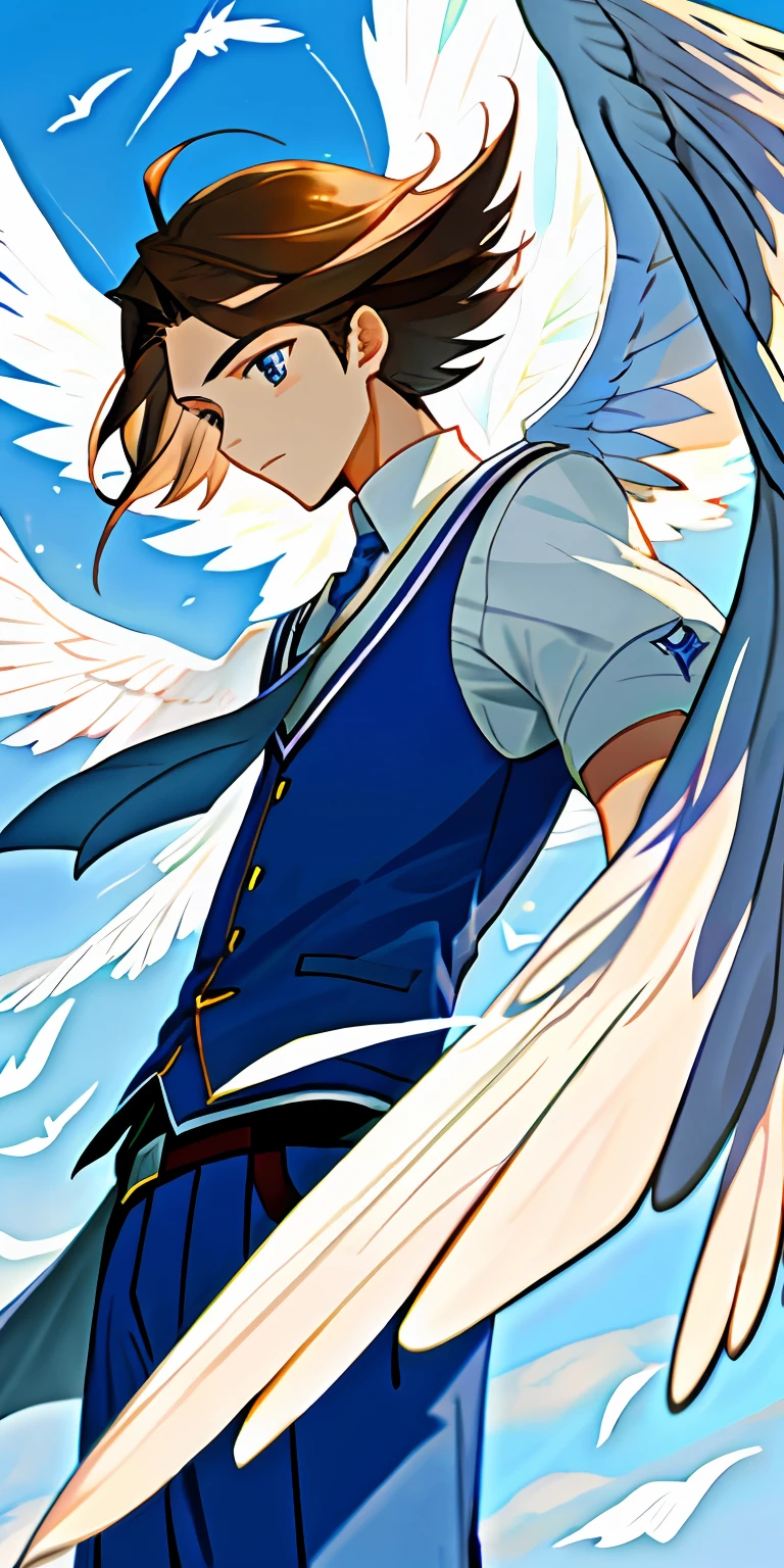 (tmasterpiece,best qualtiy),Young men,brunette color hair,high school senior,White wings,Simple school uniform,the sky background,bluefire