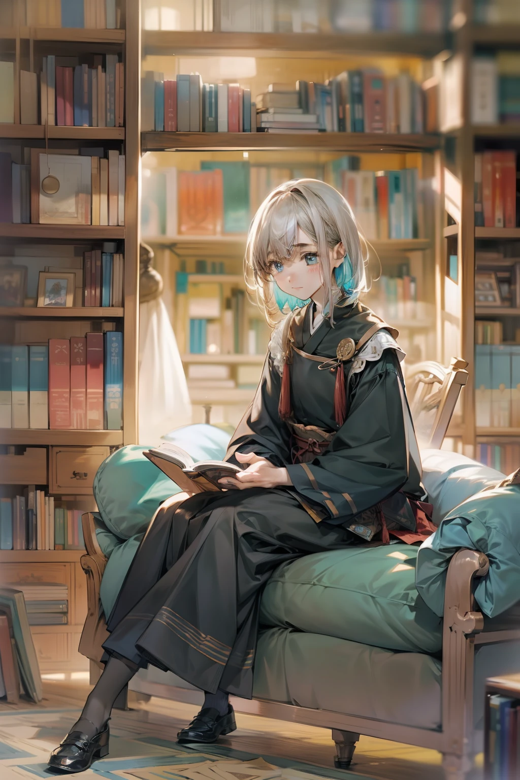 The subject is a young woman drawn in 8K resolution。Her hair is black and short style、These include colorful inner colors such as blue and purple.。Her eyes are focused on the book.、Its face represents the joy and silence of reading。
Her outfit is simple and calm。White blouse and black skirt、Flat black shoes。She sat on a sofa in the corner of a bookstore.、In his hand is a hardcover book with delicate cover art。
The background is the interior of a bookstore with the scent of old books in the air。Wooden bookshelves lined up、A wide variety of books are neatly arranged on it。Behind is a light that emits a calm light.、There are traditional Japan folding screens.、Indicates that the bookstore is located in the Japan。
The overall tone is quiet and calm。Warm wood tones、Cream color of book pages、The pale colors of women's attire harmonize beautifully。8K resolution、Each title of the book on the bookshelf、Sofa leather texture、Every detail of the book in your hand is vividly expressed.。
Moreover、She can feel the presence of other readers around her.。They're just like her.、I enjoy the silence and calm atmosphere of the bookstore。She herself too、Fully immersed in the book at hand、It depicts a complete obliviousness to the surroundings。This entire illustration is、It beautifully depicts the tranquility and immersion of the act of reading.。