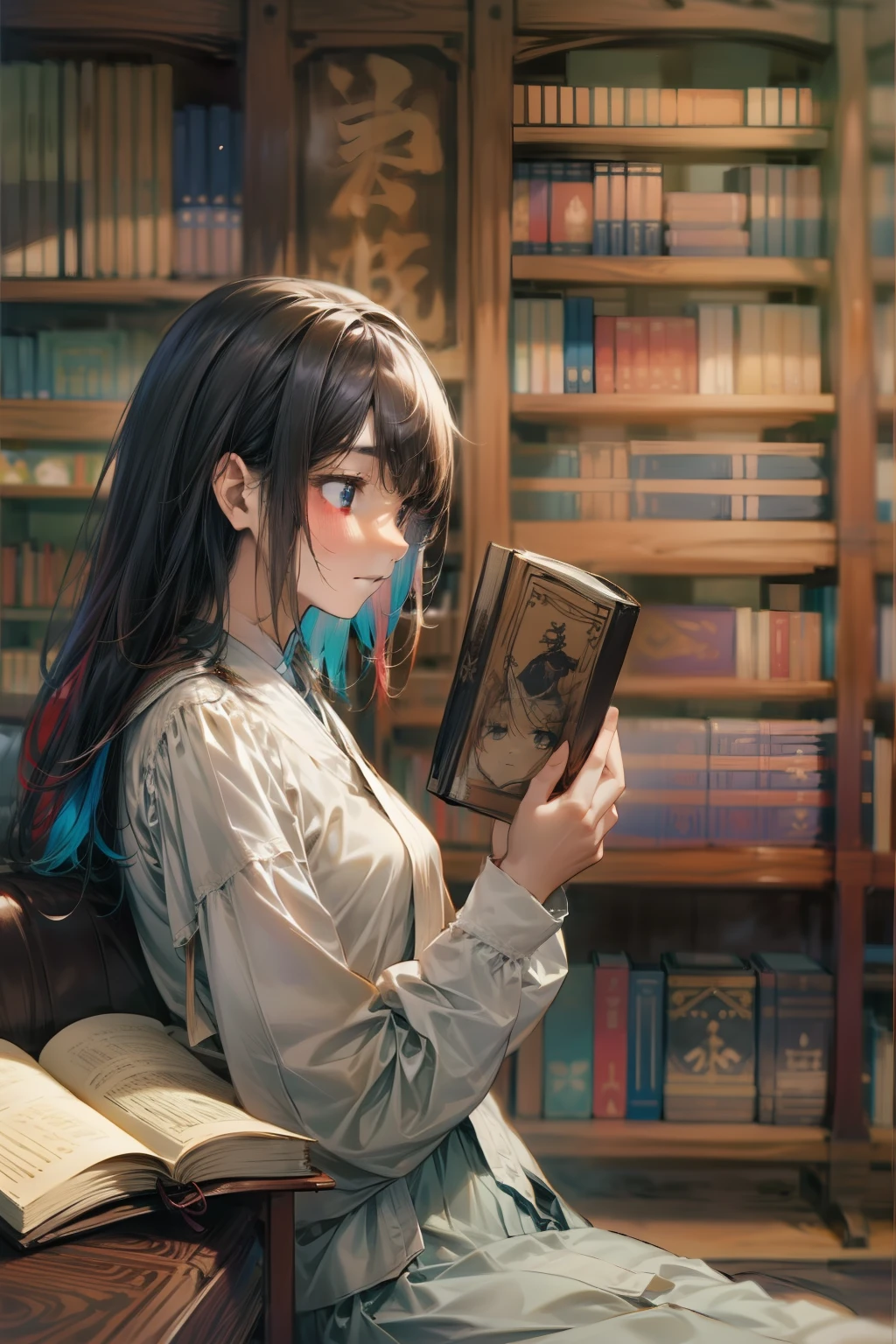 The subject is a young woman drawn in 8K resolution。Her hair is black and short style、These include colorful inner colors such as blue and purple.。Her eyes are focused on the book.、Its face represents the joy and silence of reading。

Her outfit is simple and calm。White blouse and black skirt、Flat black shoes。She sat on a sofa in the corner of a bookstore.、In his hand is a hardcover book with delicate cover art。

The background is the interior of a bookstore with the scent of old books in the air。Wooden bookshelves lined up、A wide variety of books are neatly arranged on it。Behind is a light that emits a calm light.、There are traditional Japan folding screens.、Indicates that the bookstore is located in the Japan。

The overall tone is quiet and calm。Warm wood tones、Cream color of book pages、The pale colors of women's attire harmonize beautifully。8K resolution、Each title of the book on the bookshelf、Sofa leather texture、Every detail of the book in your hand is vividly expressed.。

Moreover、She can feel the presence of other readers around her.。They're just like her.、I enjoy the silence and calm atmosphere of the bookstore。She herself too、Fully immersed in the book at hand、It depicts a complete obliviousness to the surroundings。This entire illustration is、It beautifully depicts the tranquility and immersion of the act of reading.。